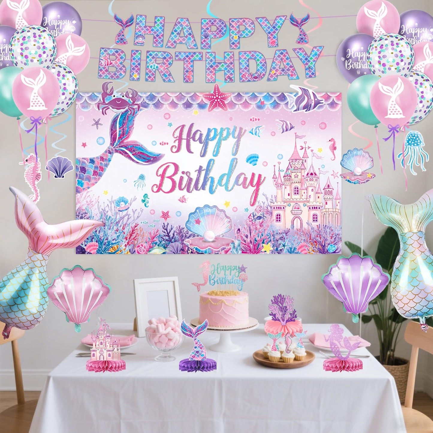NKPDAXM Mermaid Birthday Decorations – Includes Banner, Backdrop, Foil & Latex Balloons, Hanging