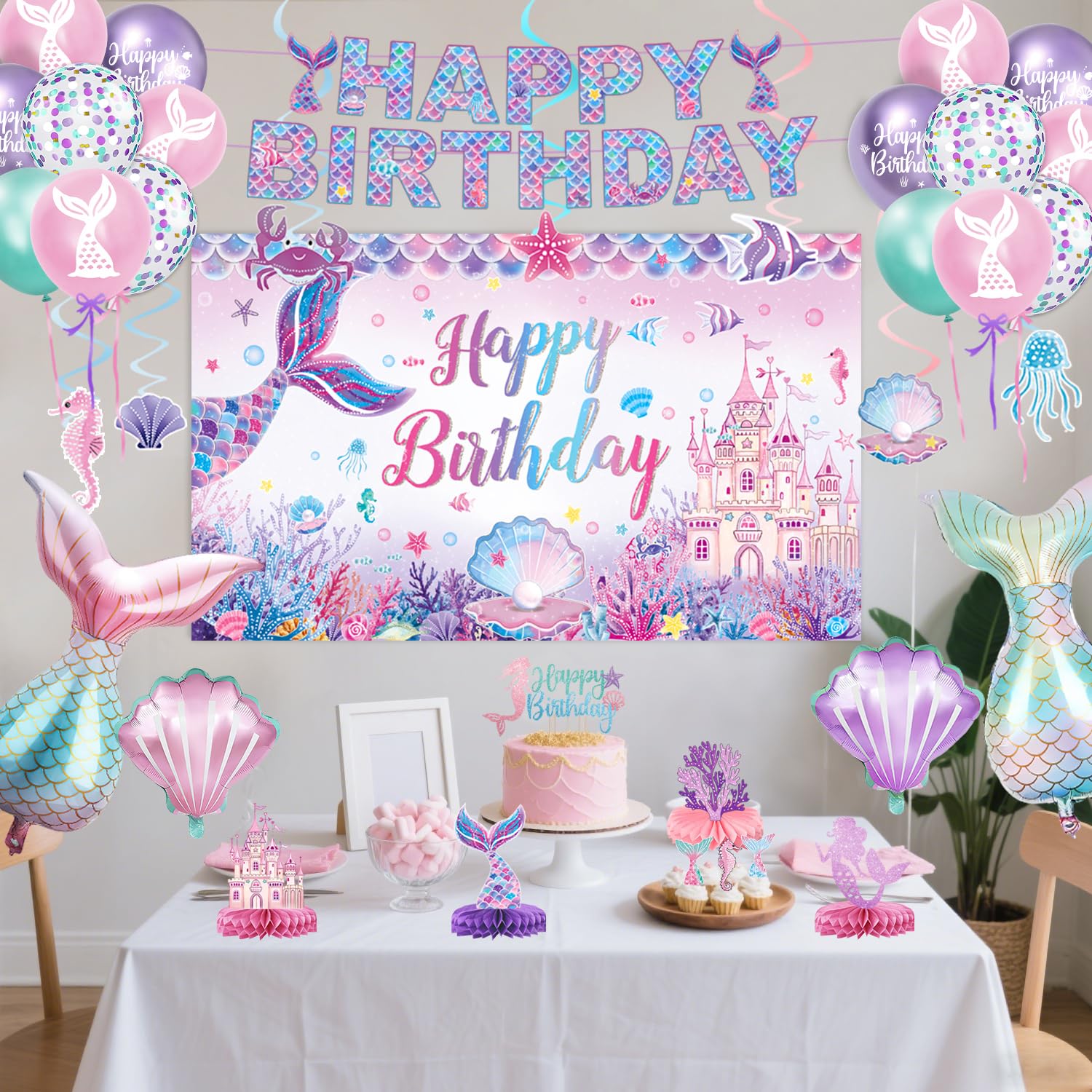 NKPDAXM Mermaid Birthday Decorations – Includes Banner, Backdrop, Foil & Latex Balloons, Hanging