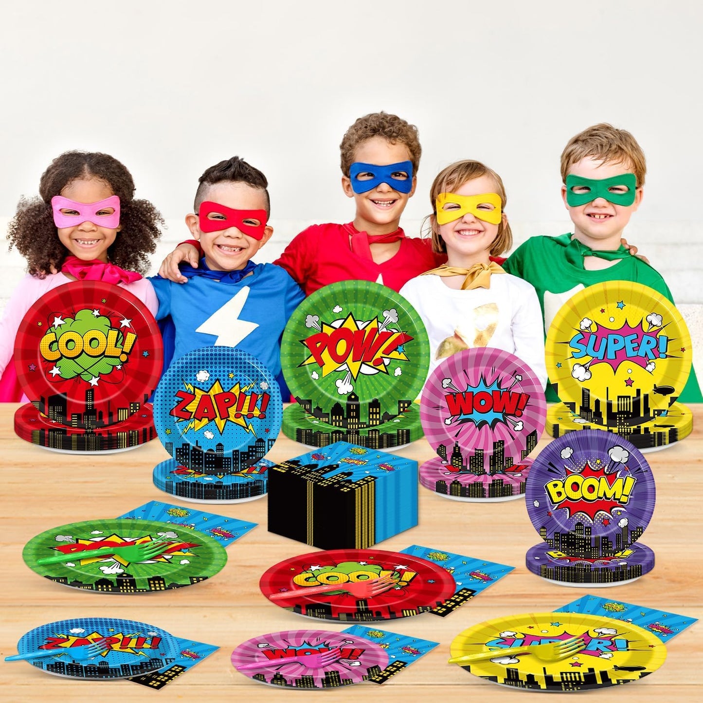 96Pcs Super Theme Hero Party Plates and Napkins Forks for Comic Heroes Birthday Decorations Hero's
