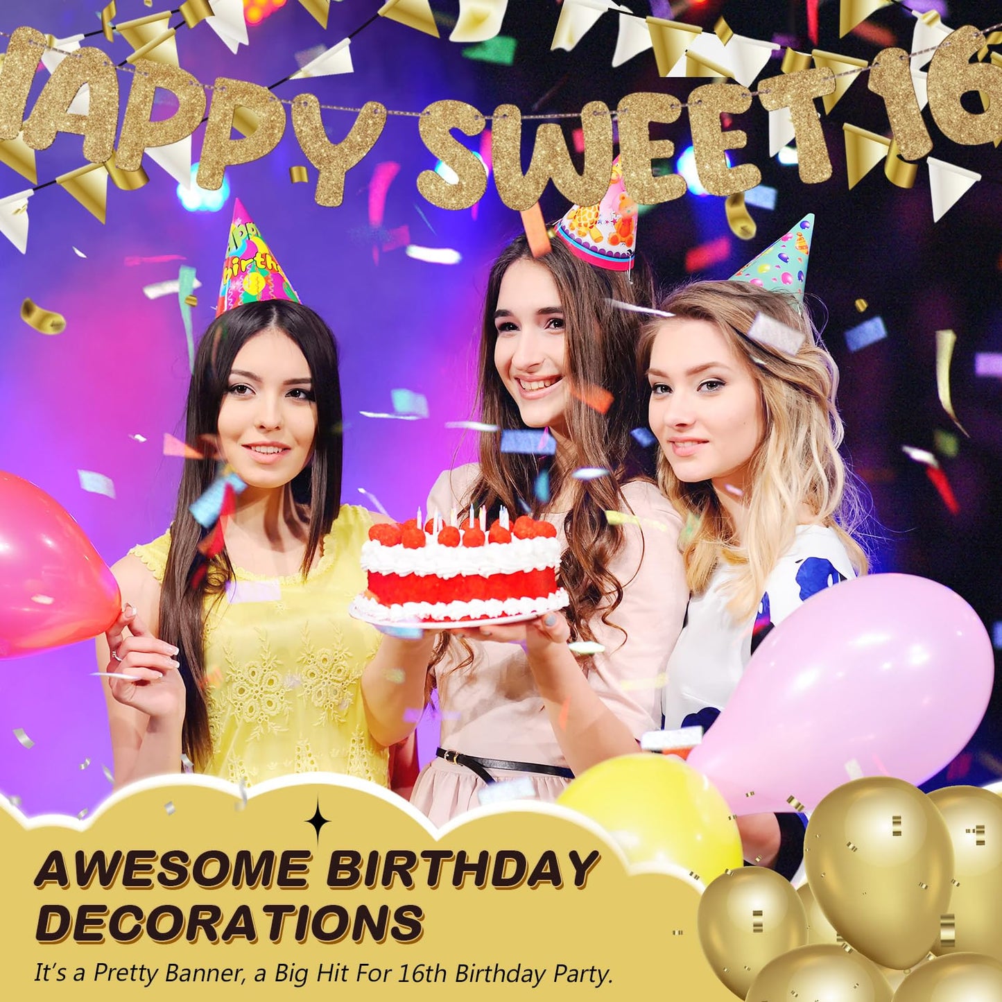 Fulmoon Happy Sweet 16 Banner Sixteenth Birthday,Champagne Gold