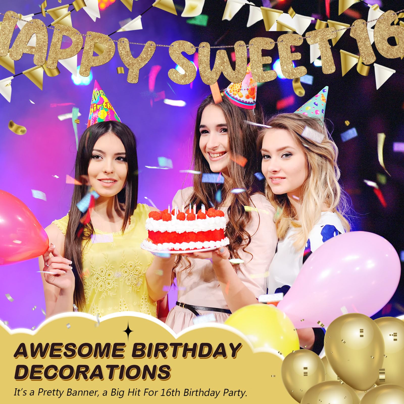 Fulmoon Happy Sweet 16 Banner Sixteenth Birthday,Champagne Gold