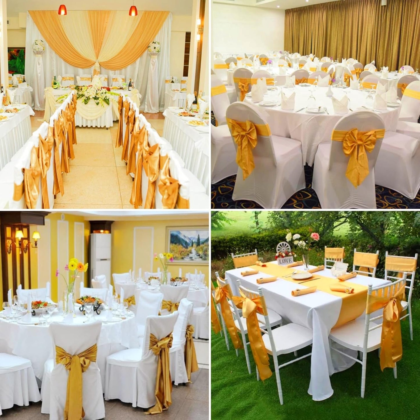 50 PCS Satin Chair Sashes Bows Decorative Universal Chair Cover Chair Ribbon Ties Back Sash for Wedding Party Ceremony Reception Hotel Events Banquet Restaurant Home Kitchen Decor(7 x 108 inch,Gold)