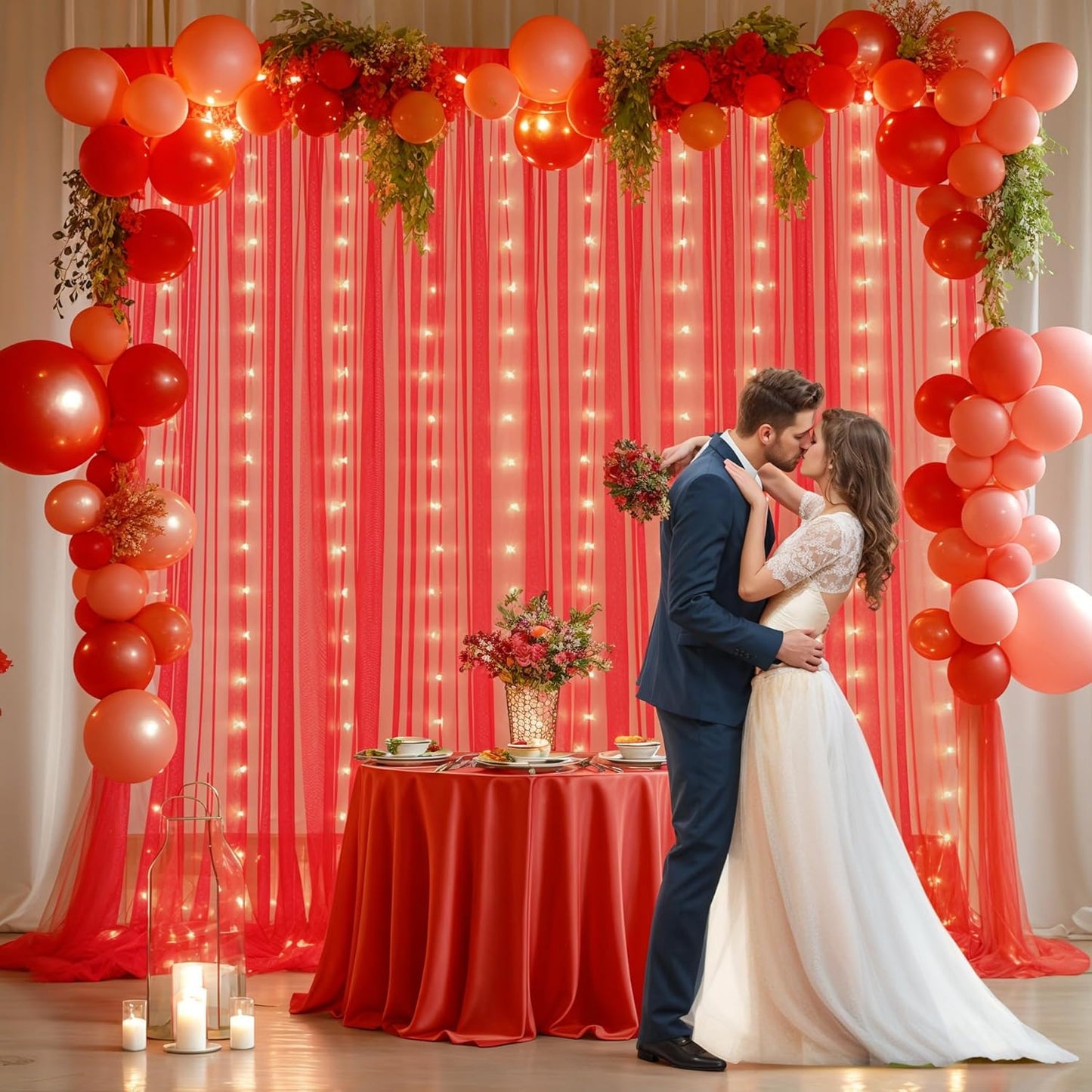 Red Tulle Backdrop Curtain with Lights String for Parites 30x8ft Sheer Backdrop Curtains Drapes for Birthday Party Baby Shower Christmas Wall Photo Booth Background Decorations(6 Panels 5ft×8ft)