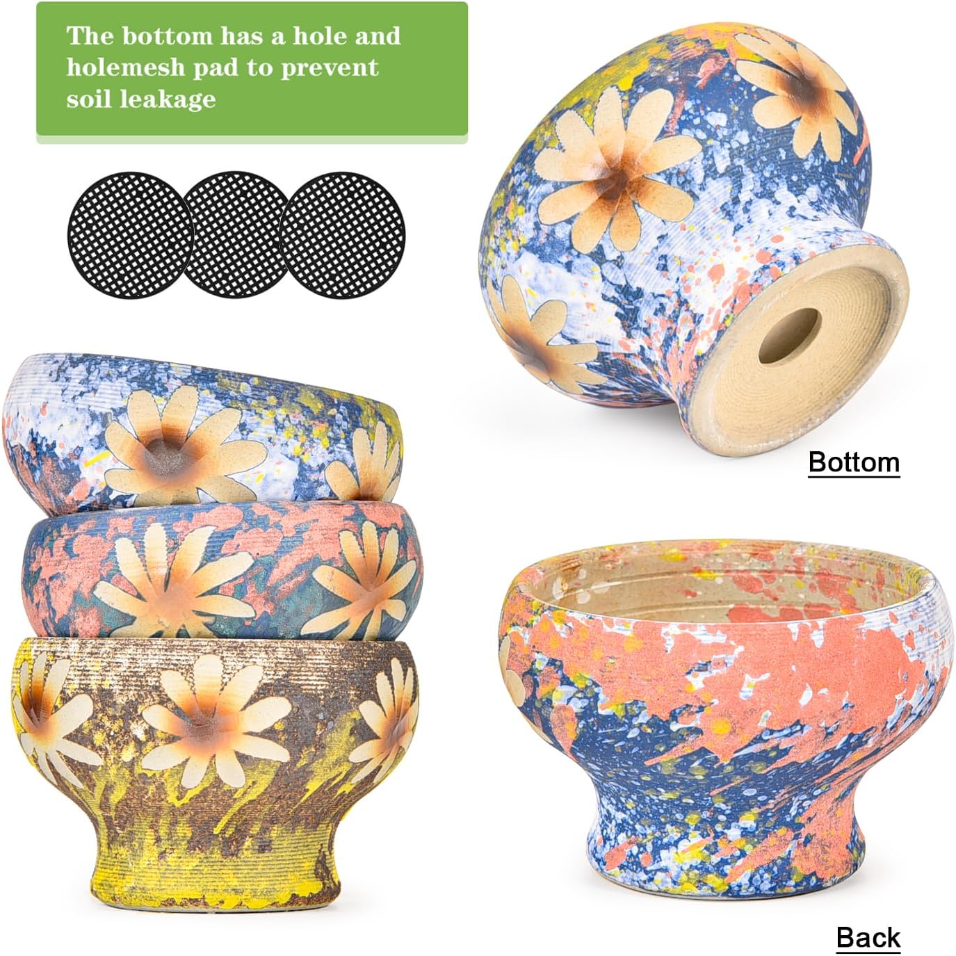 Sungmor Small Succulent Planters Set of 3, Beautiful Hand Crafted Ceramic Plant Pots Cute Cactus Pot, 4.9 Inch Flower Pots for Indoor Plants with Drainage, Desktop Windowsill Home Office Decor Pots