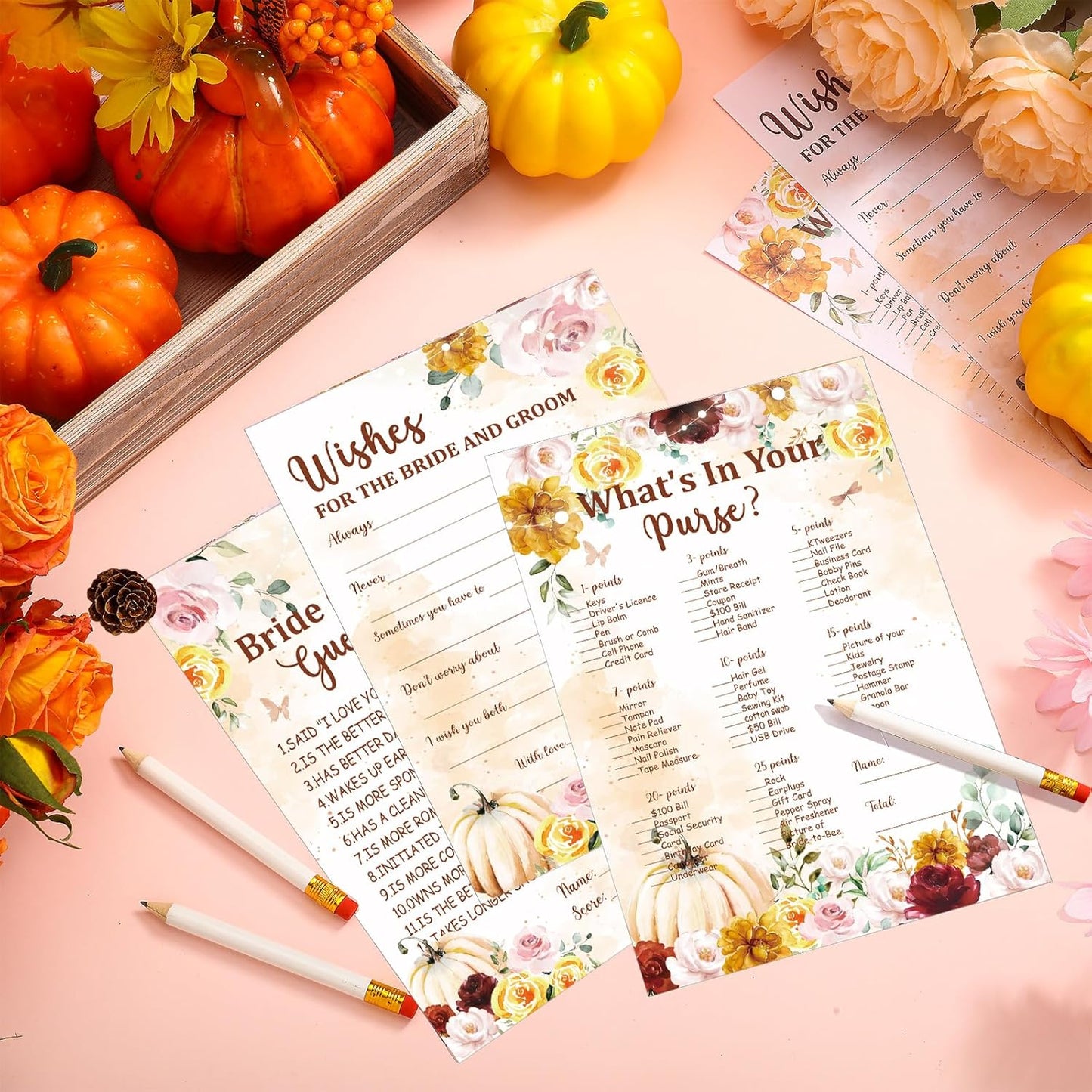 Teling 145 Pieces Bridal Shower Game Bridal Shower Favors Set Wedding Games Cards and Pencils for Bride Groom Bachelorette Party Wedding Party Favor(Fall in Love)