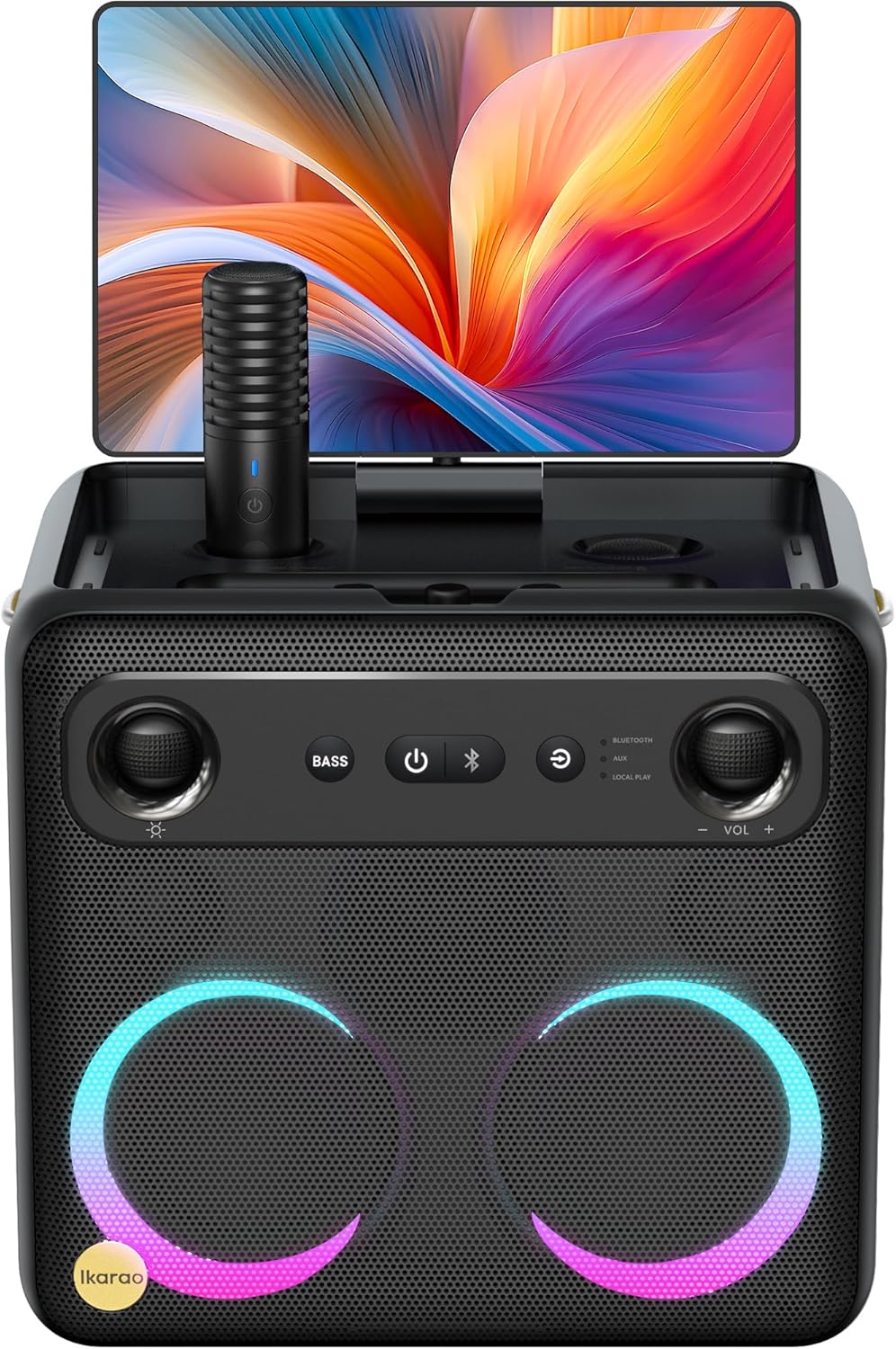 Ikarao Smart Karaoke Machine for Adults - with Lyrics Display, 32GB Karaoke Tablet, 2 Wireless Mics, Professional Karaoke System, 300W Peak Power, 4 DJ Lights, Karaoke Speaker for Any Occasion