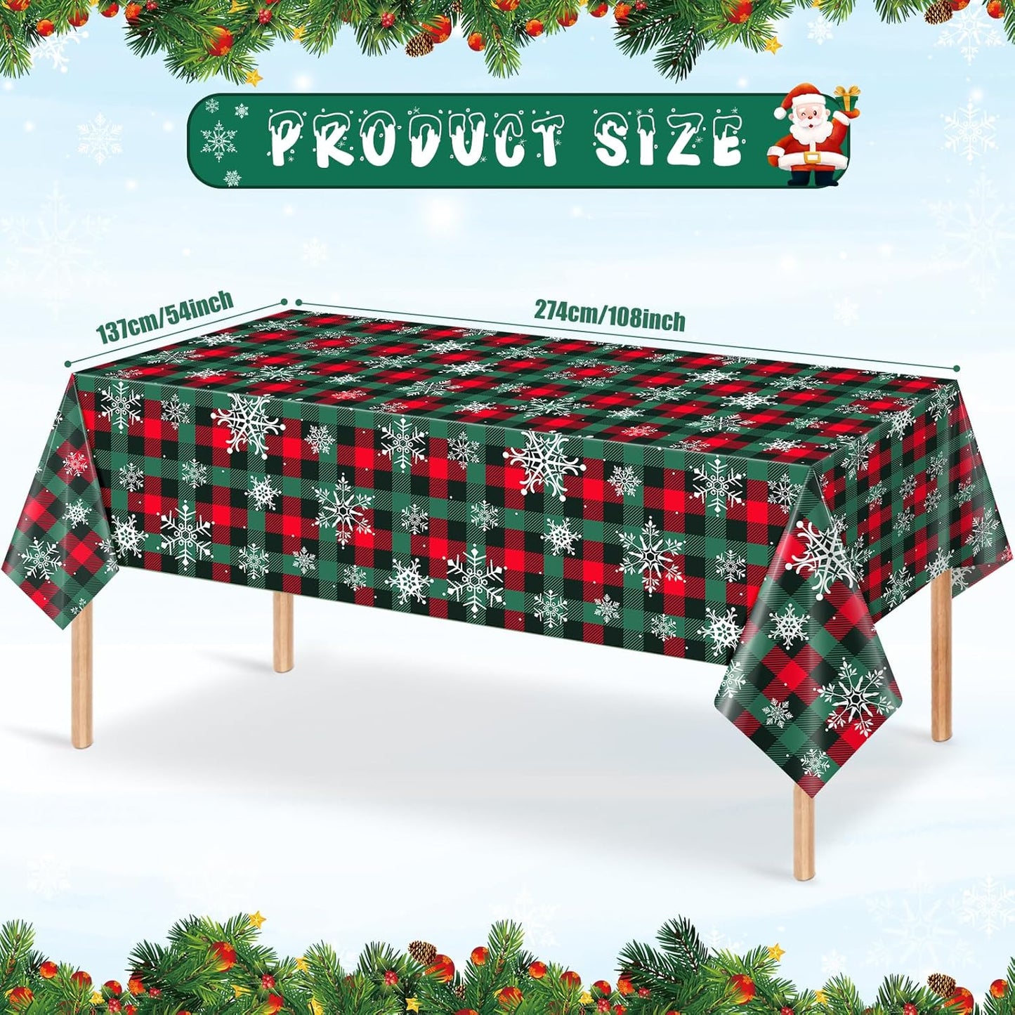 3Pcs Christmas Buffalo Plaid Snowflake Party Tablecloths Decorations,Plastic Red and Green Checkered Rectangle Table Cover for Winter Christmas New Year Birthday Holiday Party Decorations,54x108 inch