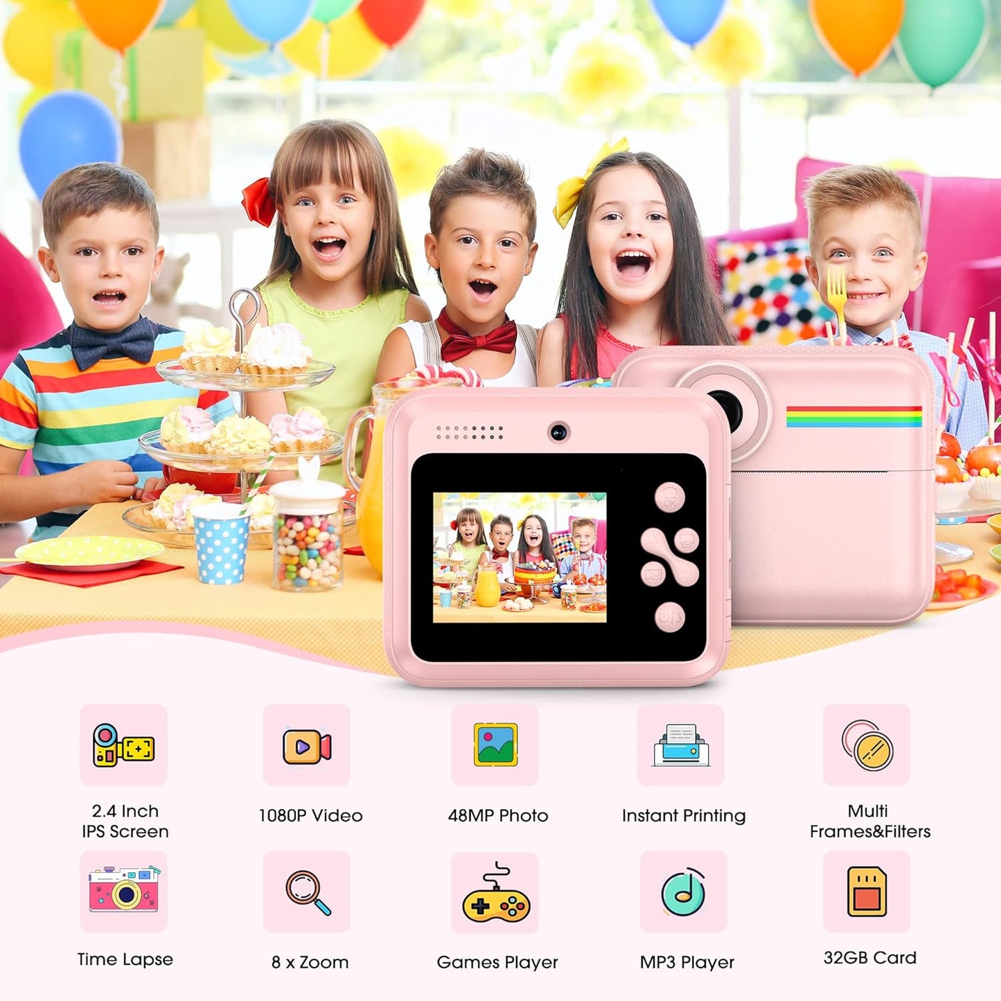 Kids Camera Instant Photo Printing,HD Digital Video dual Cameras for Toddler,Kids Digital Camera That Print Photos Christmas Birthday Gifts for Boys and Girls with 32GB SD & 3 Rolls Print Paper (Pink)