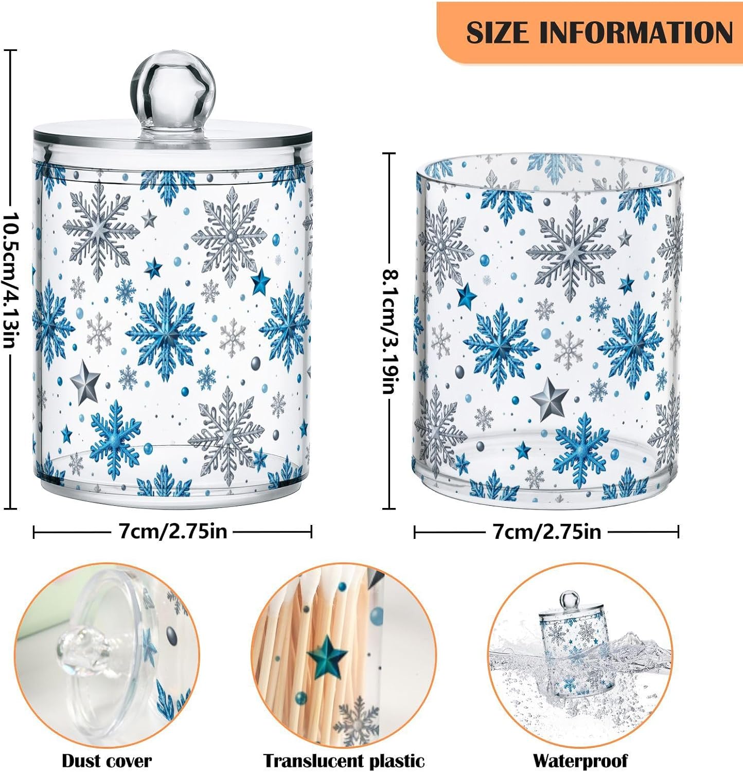 Gredecor Christmas Winter Qtip Holder Dispenser 2 Pack Silver Blue Glitter Snowflakes Bathroom Decorative Storage Canister Holder Counter Vanity Organizer for Cotton Ball Swabs Pads Floss