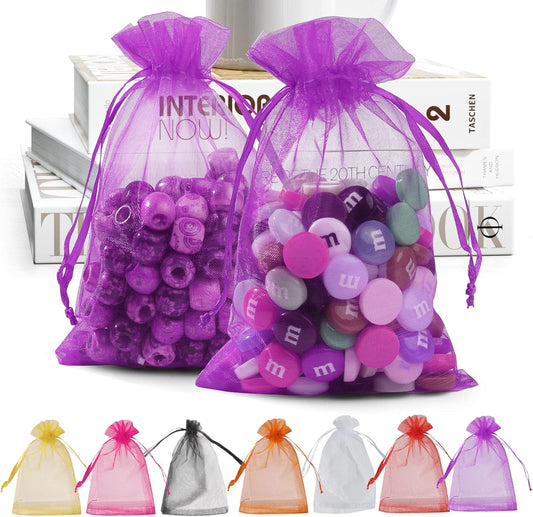 ANZNKU 50 Pack Organza Bags 4 x 6 inch Premium Sheer Drawstring Favor Bags for Halloween Candy Jewelry Party Wedding Christmas Favor Gift Bags (Purple)