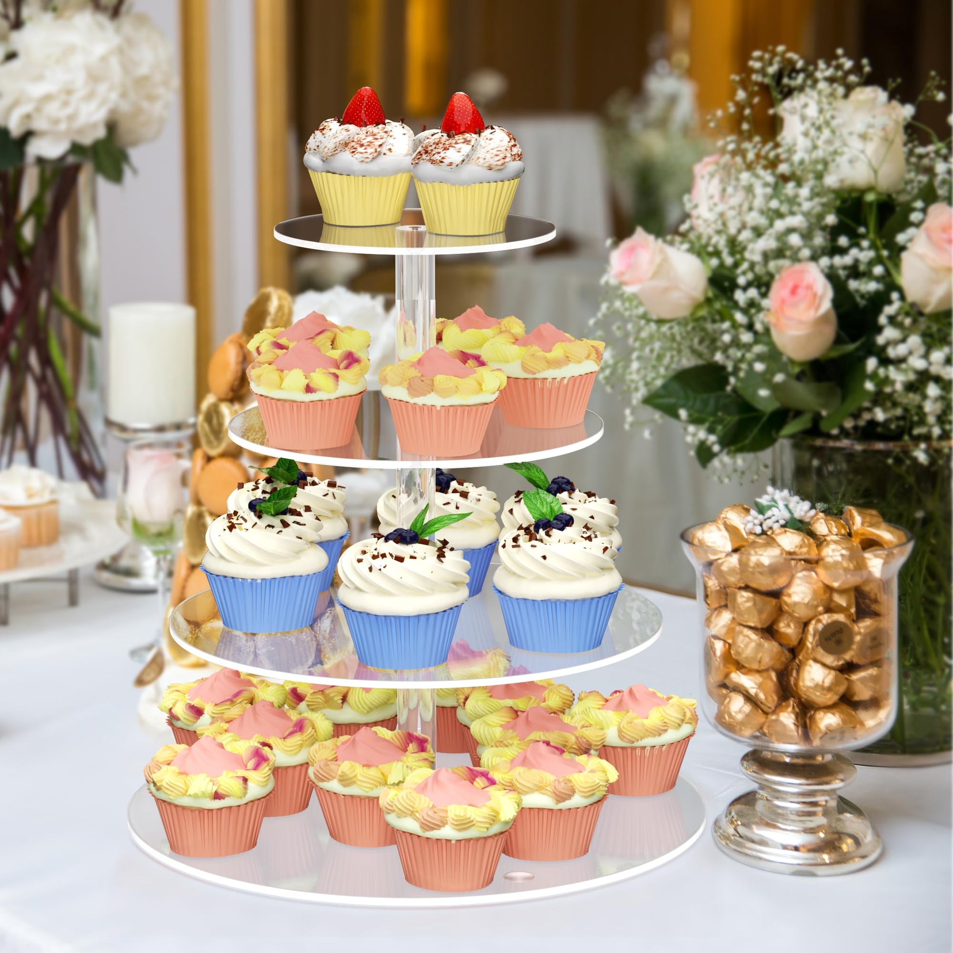 4 Tier Round Cupcake Stand Acrylic Cupcake Display Tower for 38 Cupcakes