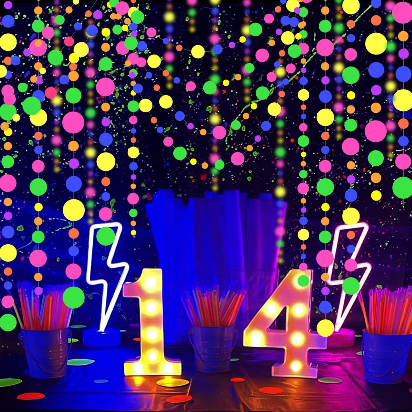 120feet UV Round Dot Paper Neon Garland Neon Streamers Decorations UV Reactive Black Light Party Favors Glow in The Dark Party Supplies for Wedding Birthday Garlands