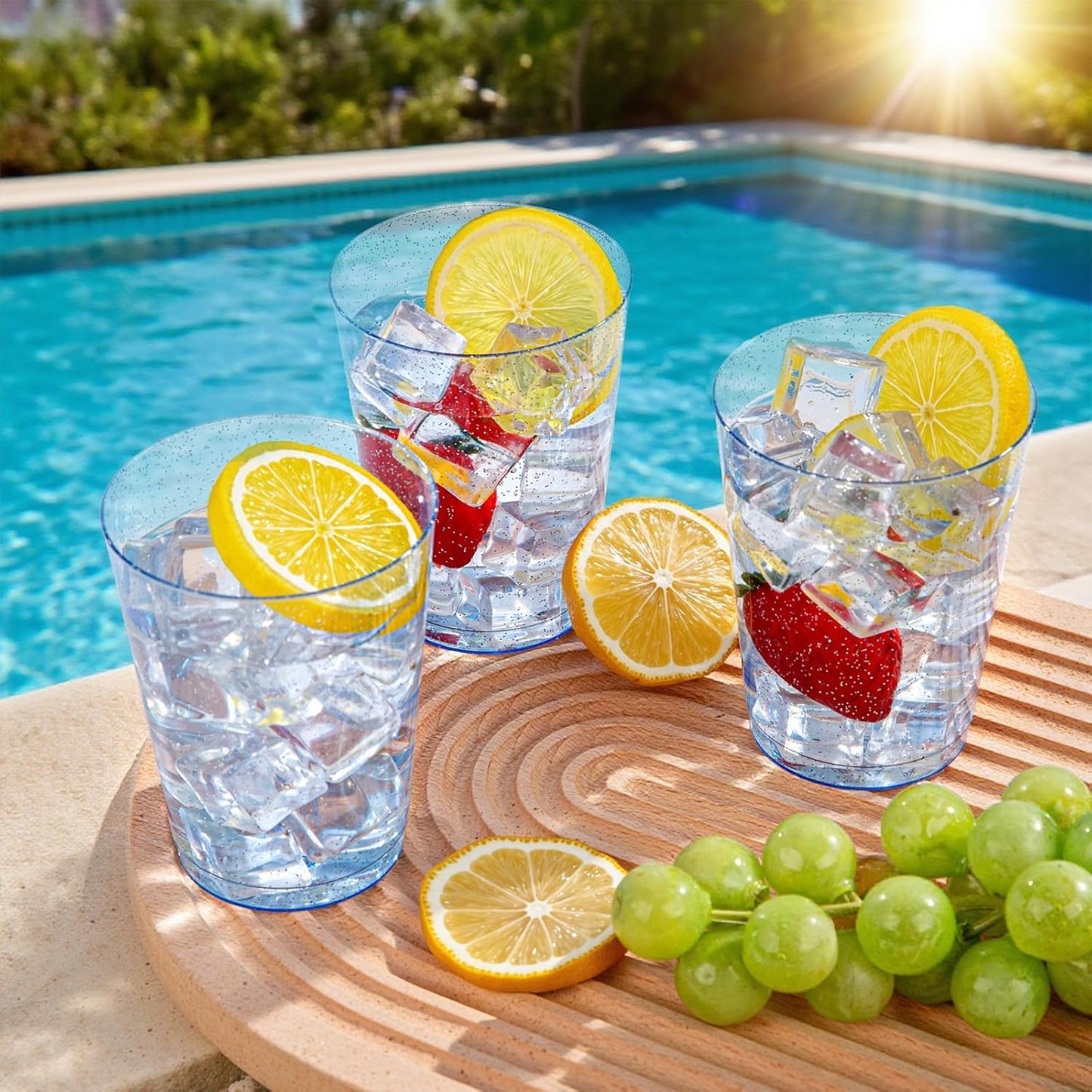 DaYammi 100 Pack Blue Plastic Cups 10 oz Disposable Cups Tumblers, Elegant Blue Glitter Party Drinking Cup Perfect for Wedding, Fancy Disposable Cup Plastic Cocktail Glasses Wine Glasses for Party