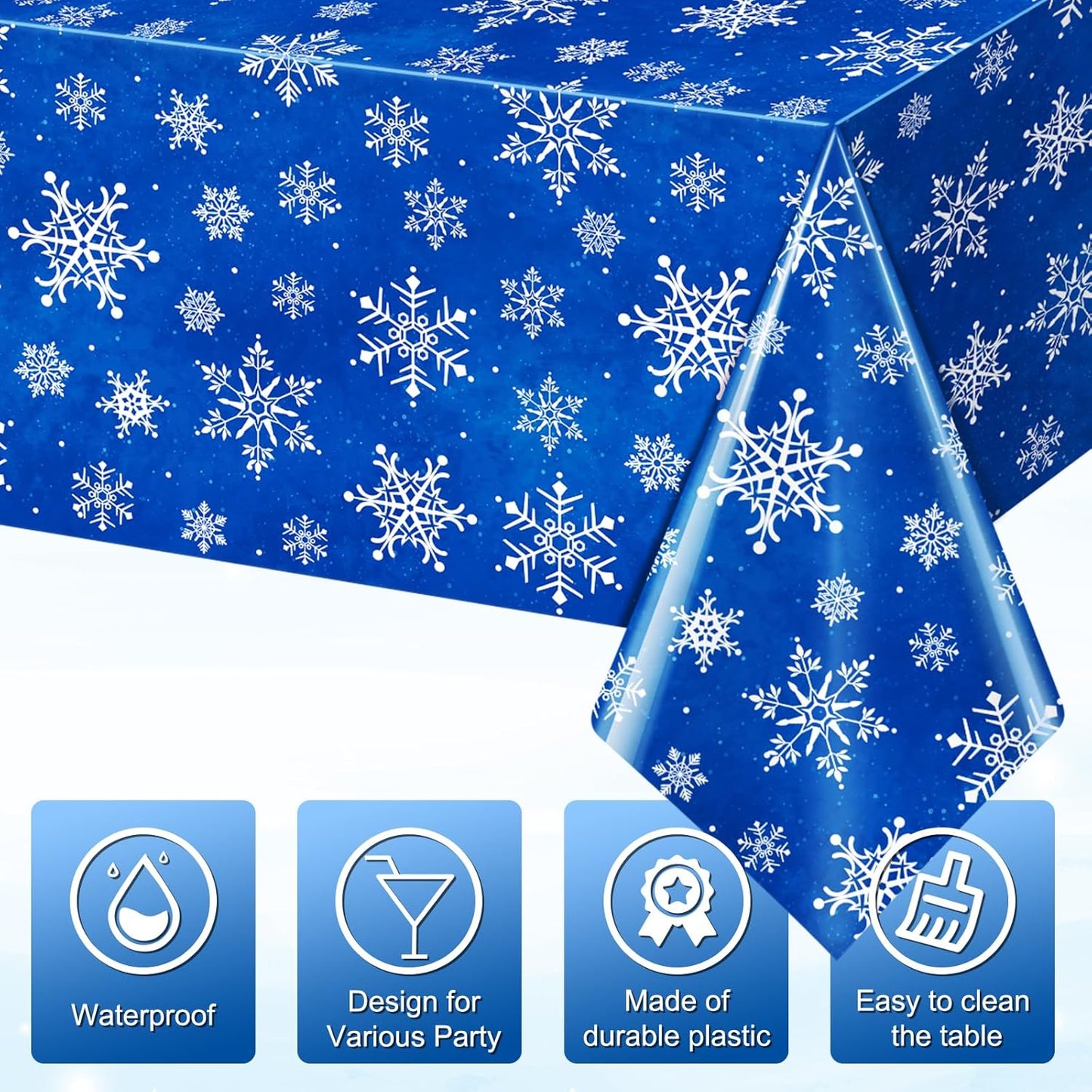 Jectivs 3 Pieces Christmas Snowflake Plastic Party Tablecloth Decorations,White Snowflake Blue Xmas Backdrop Sign Table Cover Banner for Winter Christmas Holiday Party Supplies,54x108 inch (Blue)