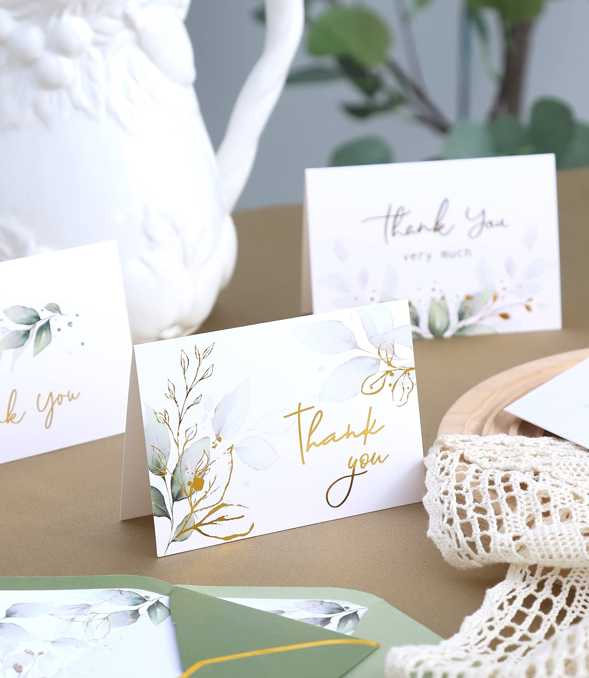 Winoo Design 100 PK Luxurious Gold Thank You Cards with Envelopes Bulk Sage Green - 5x3.5 Inches