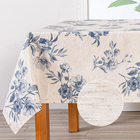 MYSKY HOME Rectangle Tablecloth 60x120 Inches, Linen Farmhouse Tablecloths Waterproof Decorative Fabric Table Cloth for Kitchen Party Floral Tablecloth for 8 Feet Table Blue and Grey Tablecloth