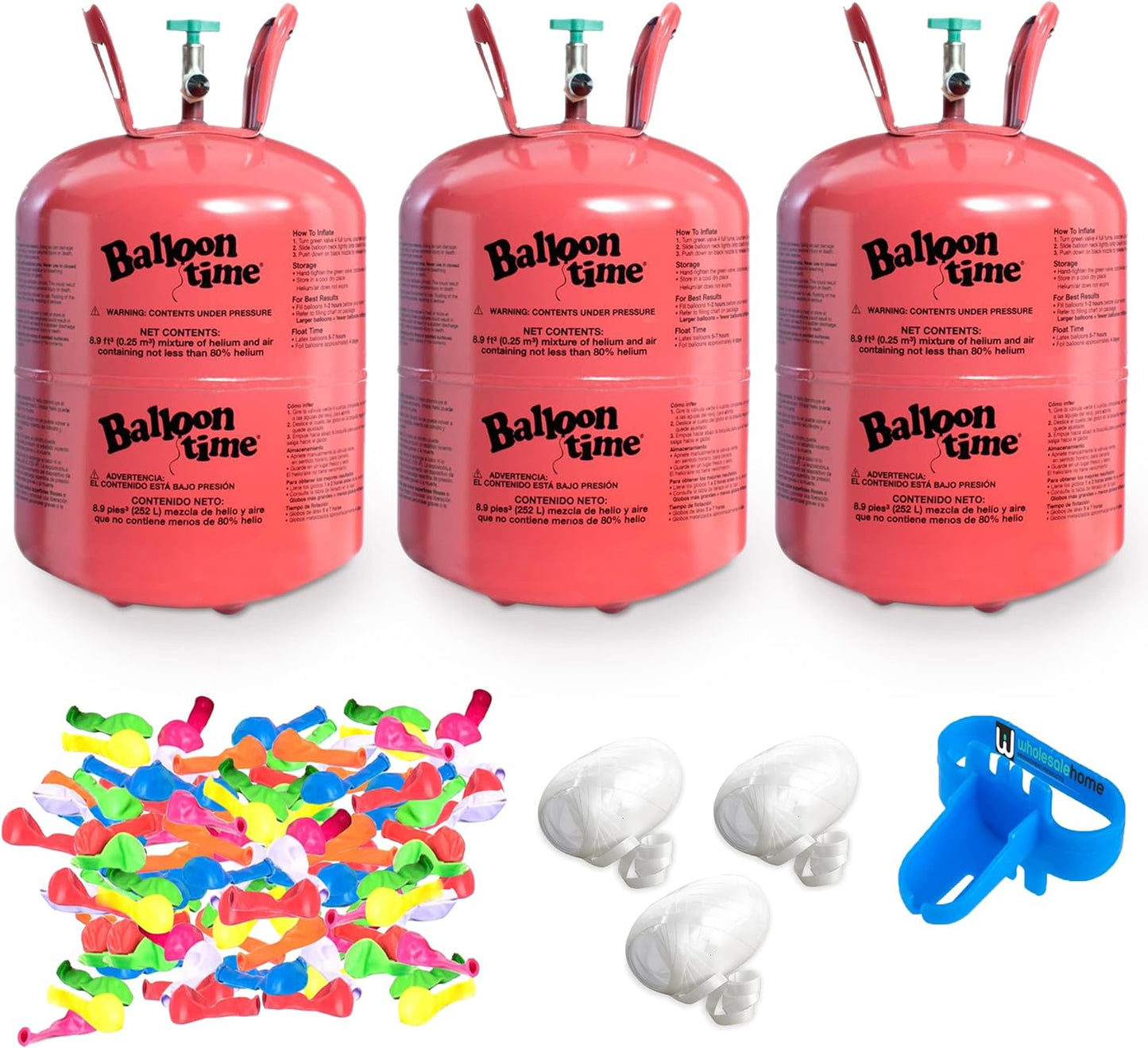 Helium Tank for Balloons At Home, 14.9 Cu Ft Helium Balloon Pump Kit with 50 Assorted Latex Balloons, White Curling Ribbon and Wholesalehome Balloon Tie Tool, 3 Pack