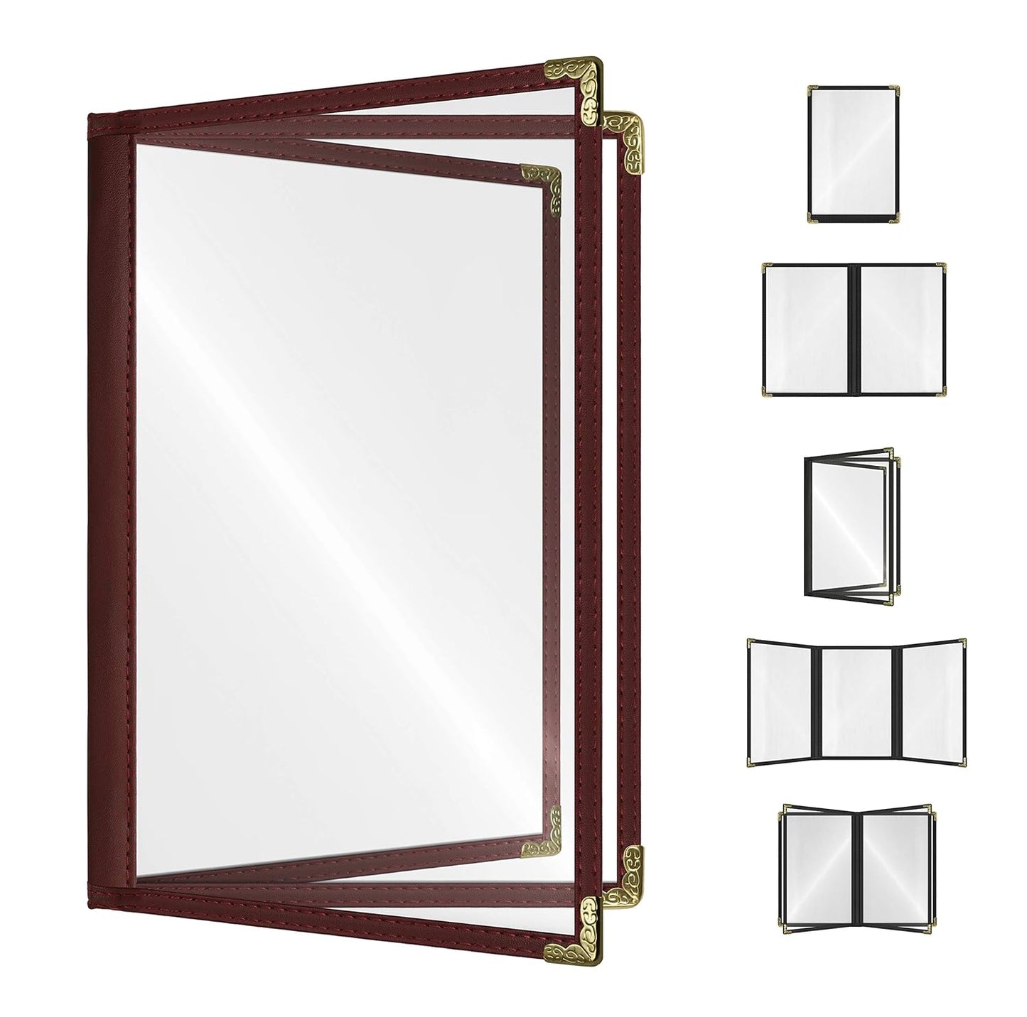 Goodsmart Restaurant Menu Covers – 25 Pack Burgundy 6-View Booklet 8.5" x 14", Side-Loading Vinyl & Plastic Menu Holders, Clear Menu Sleeves, Leather-Style Café Covers with Gold Corners