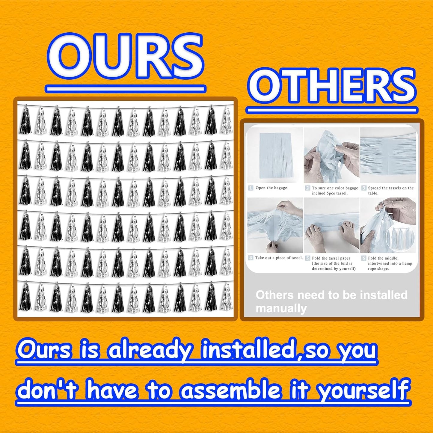 6P Black Silver Foil Fringe Metallic Tassel Streamers Banner Tassel Garland for Parade Floats, Graduation, Wedding, Birthday, Graduation, Christmas, Bridal/Baby Shower Party Decorations