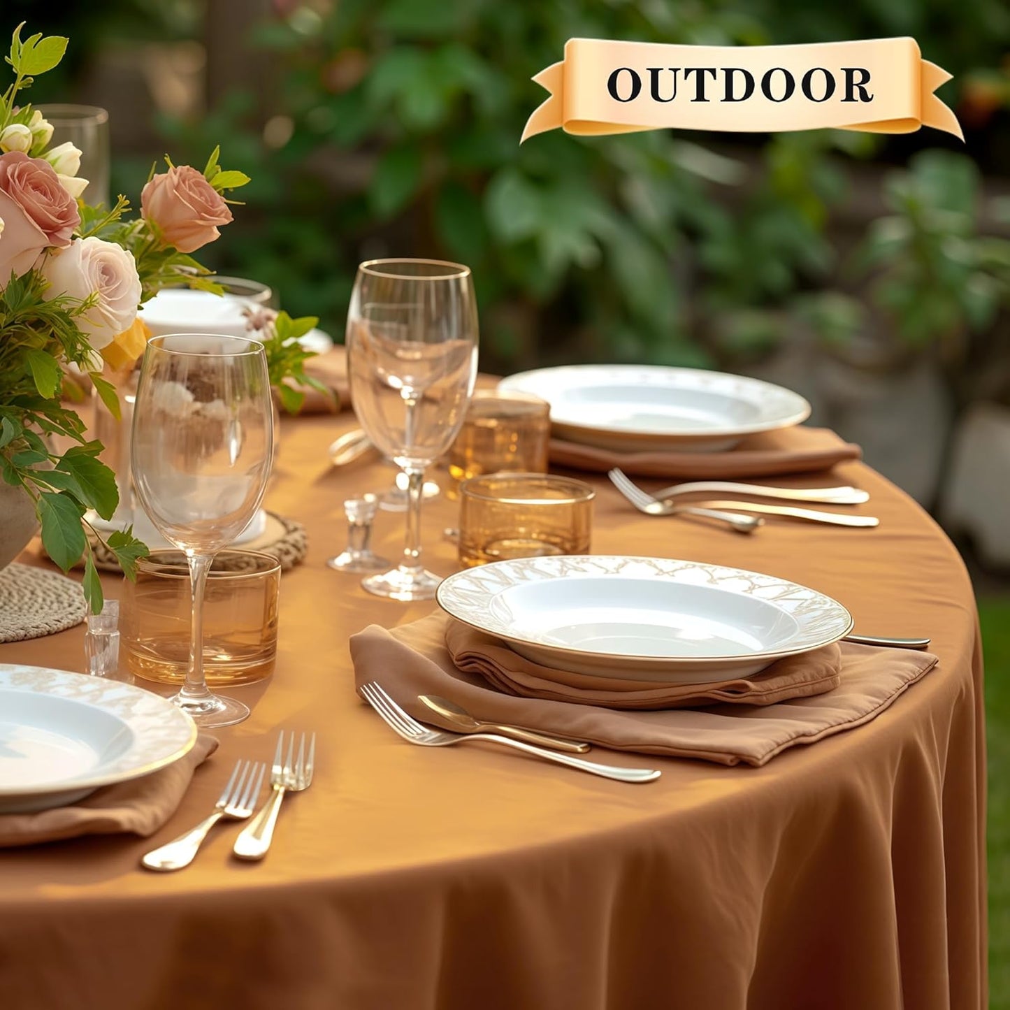 sancua Round Tablecloth 60 Inch(Fits 20-48 Inch Tables) - Water Resistant Spill Proof Washable Polyester Fall Table Cloth Decorative Fabric Table Cover for Dining Tables Thanksgiving Parties, Bronze