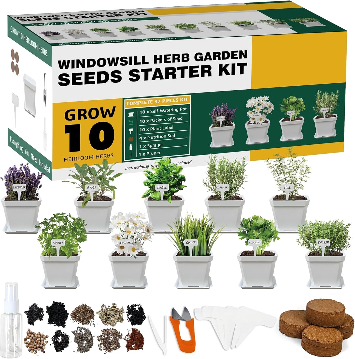 10 Herb Seeds Garden Starter Grow Kit with White Pots, Markers, Nutritional Soil, Watering, Herb Clipper, Complete Indoor Potted Plant Growing Set for Kitchen DIY