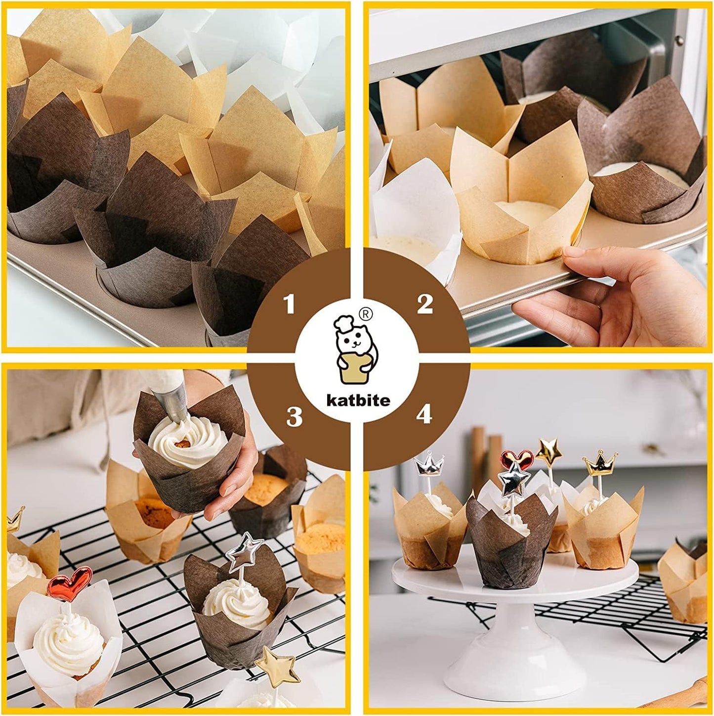 Katbite Tulip Cupcake Liners 200PCS, Muffin Baking Cupcake Liners Holders, Baking Cups (Nature)