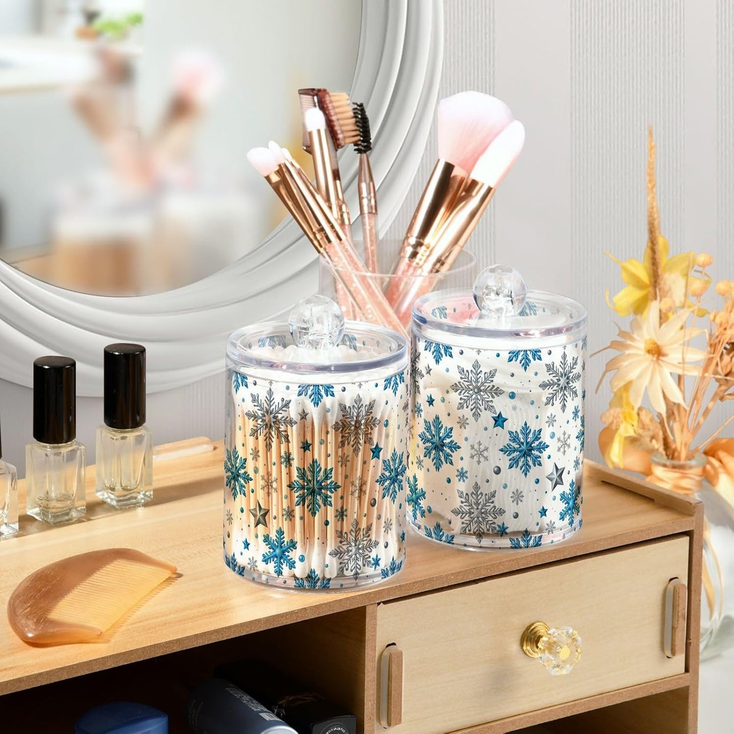 Gredecor Christmas Winter Qtip Holder Dispenser 2 Pack Silver Blue Glitter Snowflakes Bathroom Decorative Storage Canister Holder Counter Vanity Organizer for Cotton Ball Swabs Pads Floss