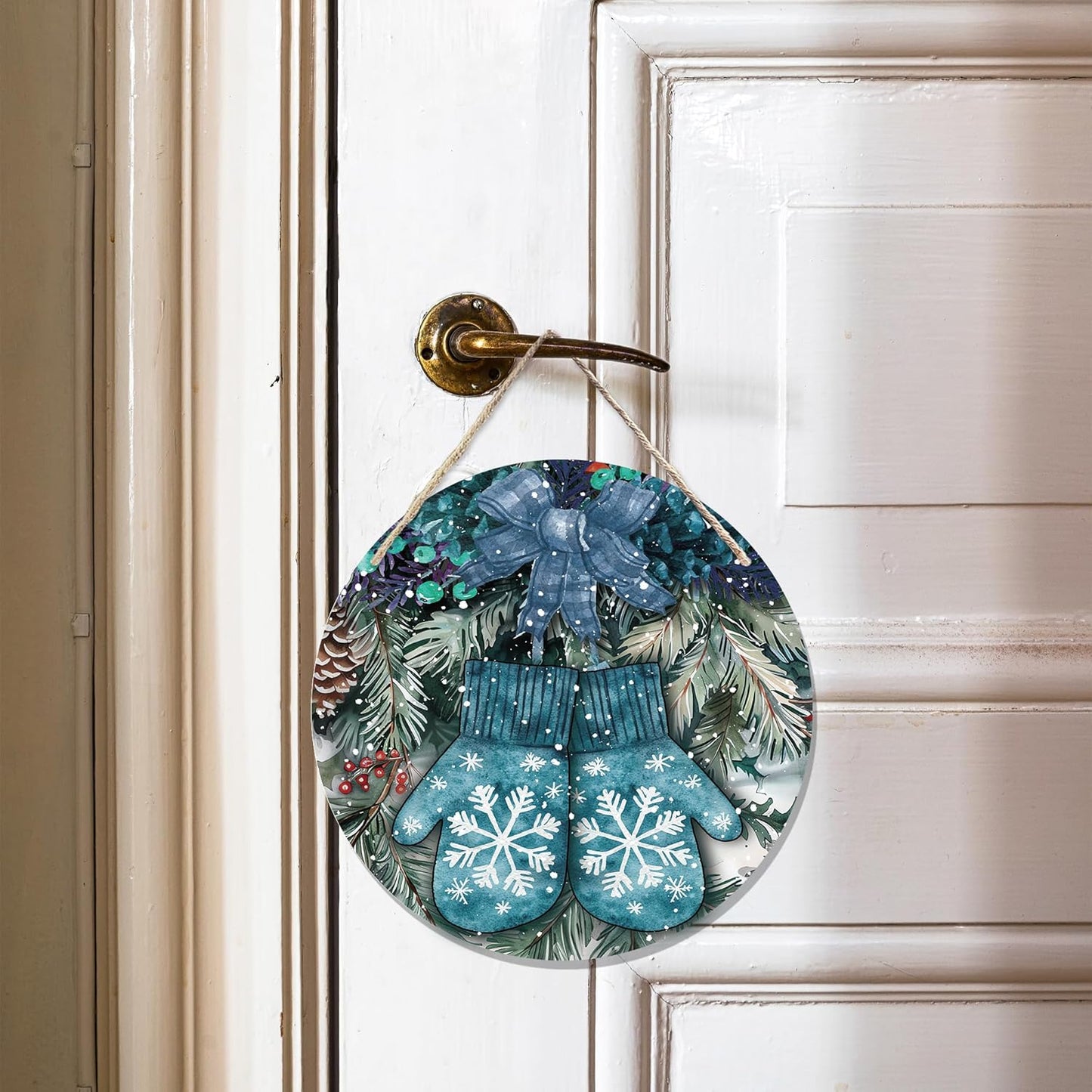 Navy Blue Winter Christmas Wooden Sign, Winter Snowflake Gloves Blue Plaid Bow Decoration Hanging Sign Wall Decor, Farmhouse Seasonal Holidays Wooden Signs for Home Door Decor 12 x 12 Inch