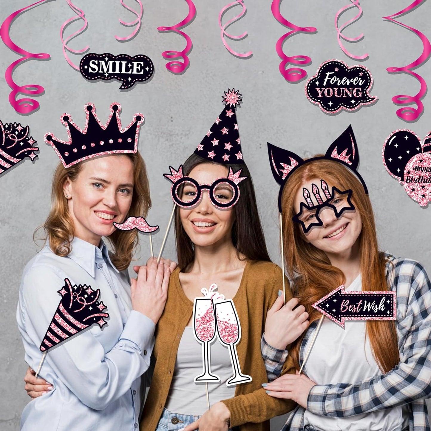 36 PCS Birthday Photo Booth Props Party Supplies Holiday Picture Decorations Photo Booth Props for Birthday Party Favors Pose Sign Kit Fun for Party (Black and Pink)