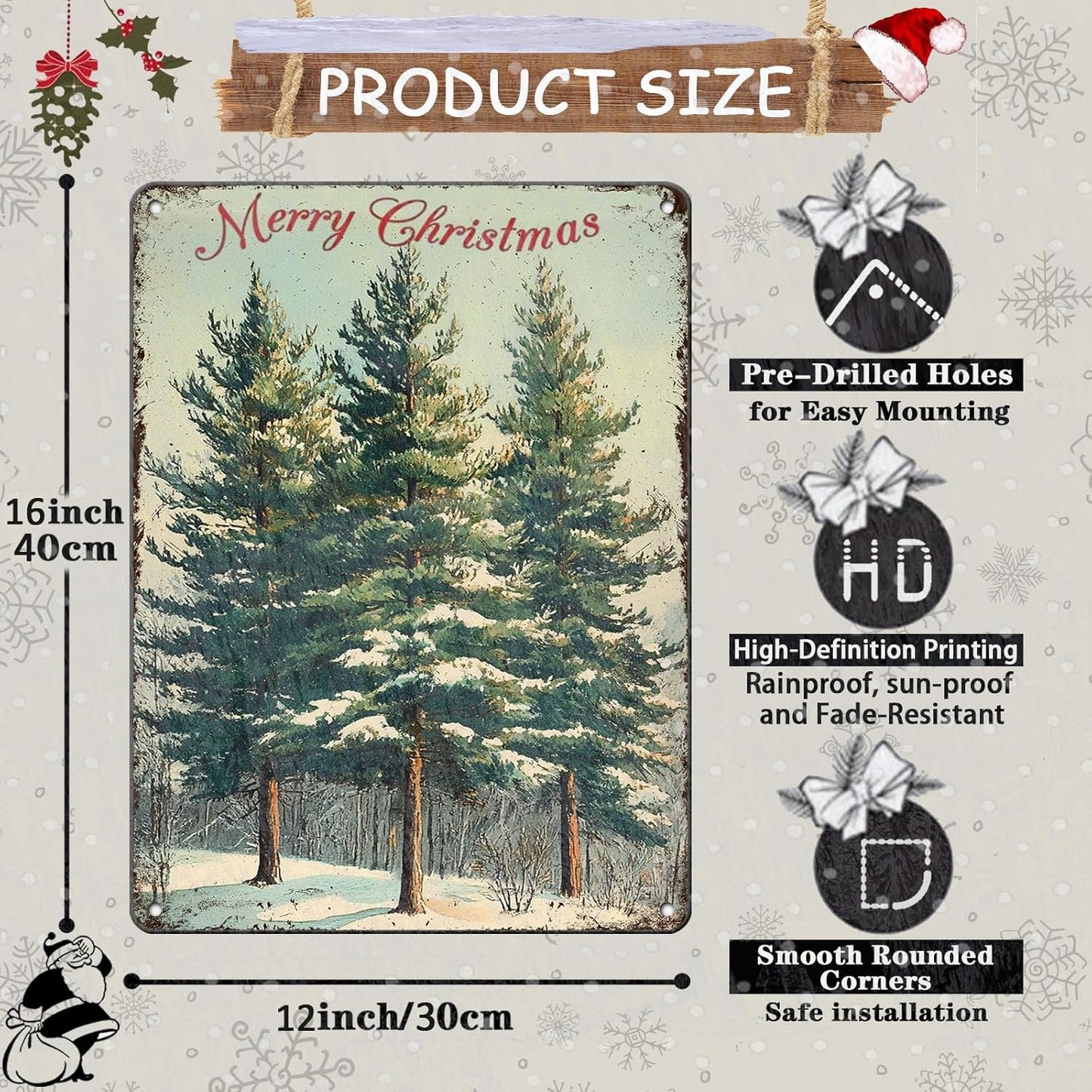 Vintage Christmas Decor Sign Christmas Tree Metal Tin Sign Merry Christmas Retro Tin Sign for Holiday Wall Decor Outdoor Cafe Living Room Bedroom 12x16Inch