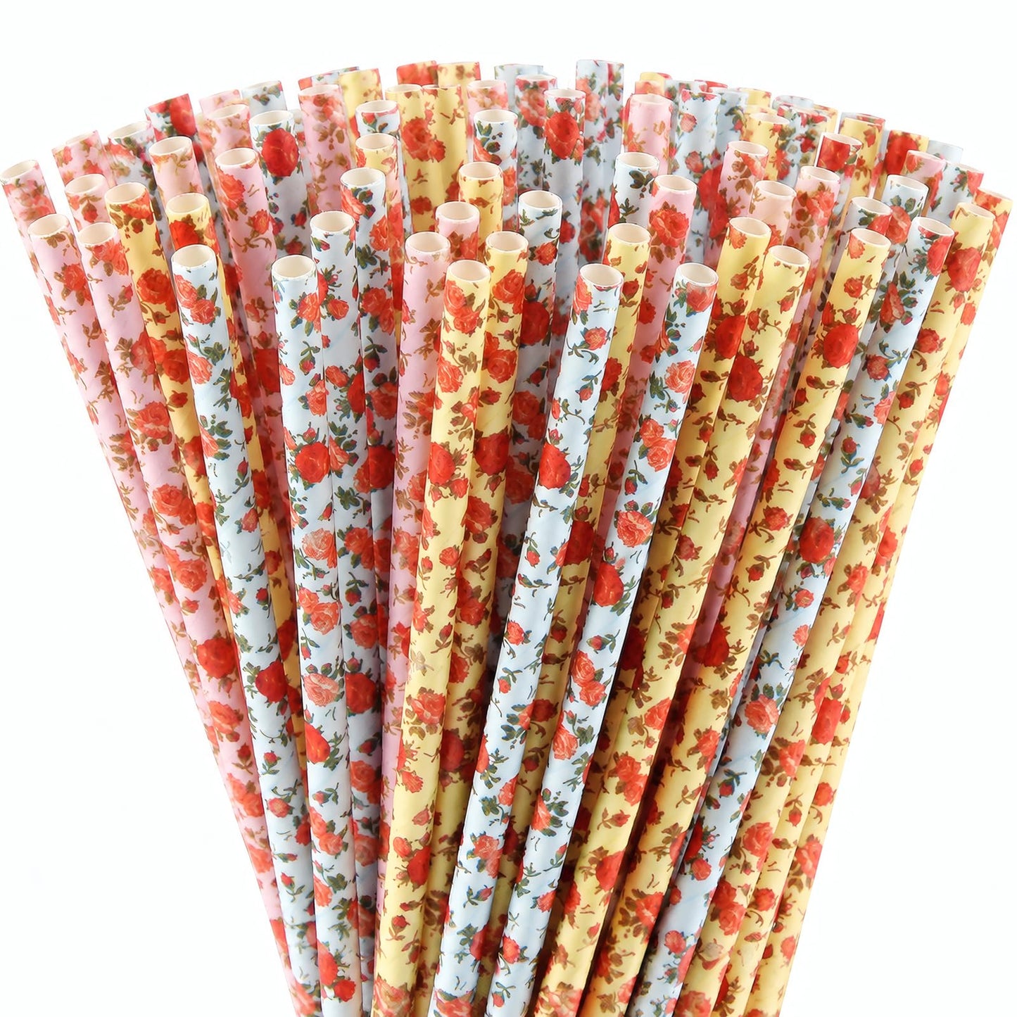 ALINK Floral Paper Straws 100 Count, 7.75 Inch Vintage Rose Disposable Drinking Straws, Decorative