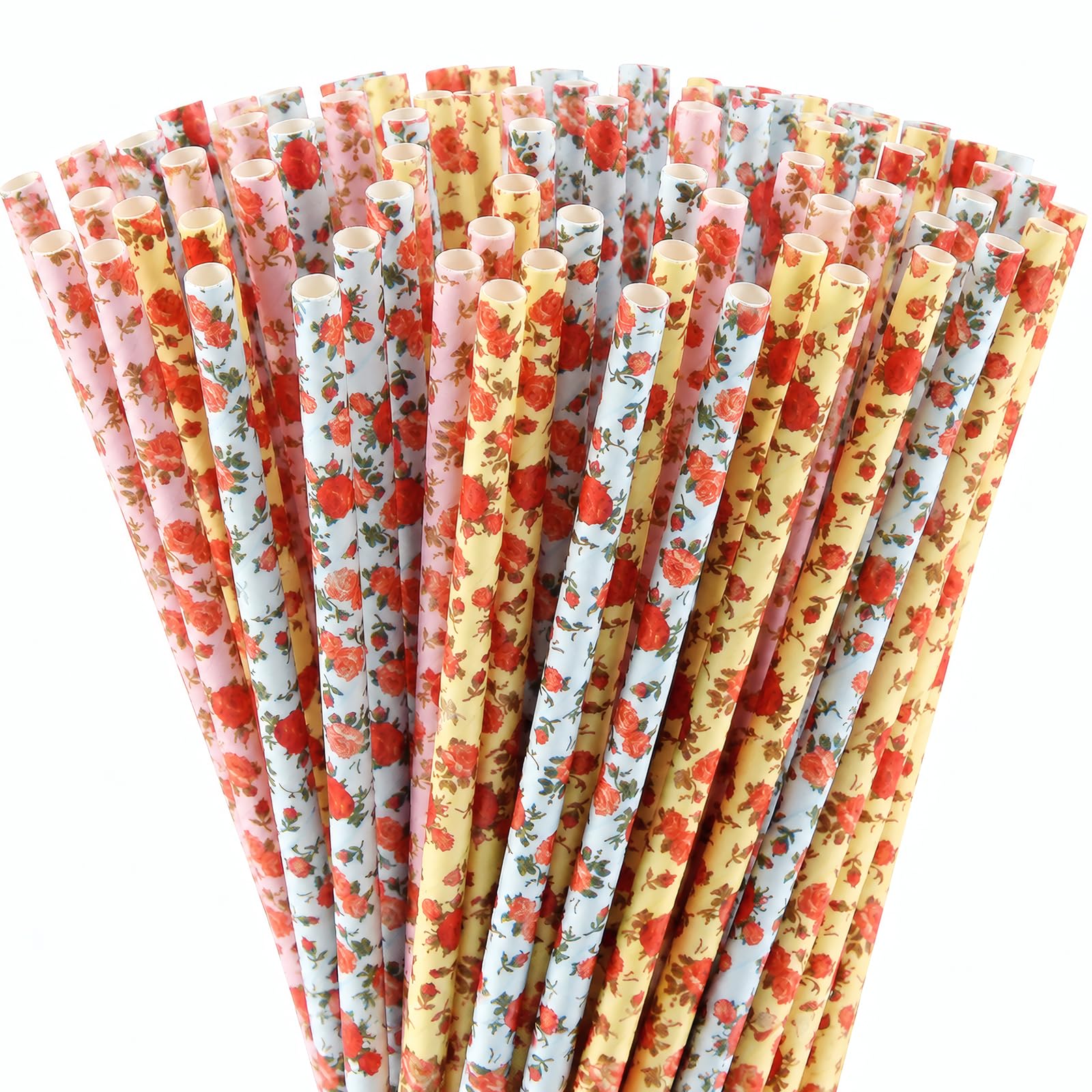 ALINK Floral Paper Straws 100 Count, 7.75 Inch Vintage Rose Disposable Drinking Straws, Decorative