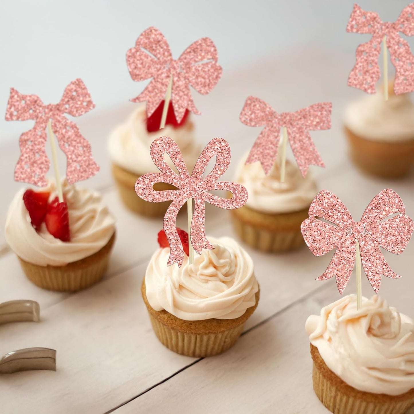 Ephlyn 24Pcs Bow Cupcake Toppers Bow Birthday Cake Topper Girls Birthday Party Decorations Bowknot Cupcake Decorations for Bridal Baby Shower Birthday Wedding Themed Party Rose Gold