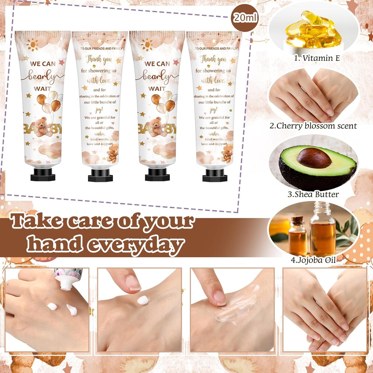 50 Sets 200 Pcs Baby Shower Hand Lotion and Lip Balm Gift Theme Baby Shower Party Favors Travel Size Hand Lotion and Lip Balm Bulk with Organza Bags Tags(Bear)