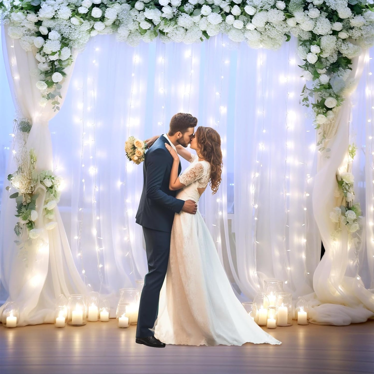 White Backdrop Curtains with Lights String for Wedding Parties 10×10ft Sheer Tulle Backdrop Curtain for Bridal Shower Baby Shower Birthday Party Photo Shoot Background Decorations(2 Panels 10ft×10ft)