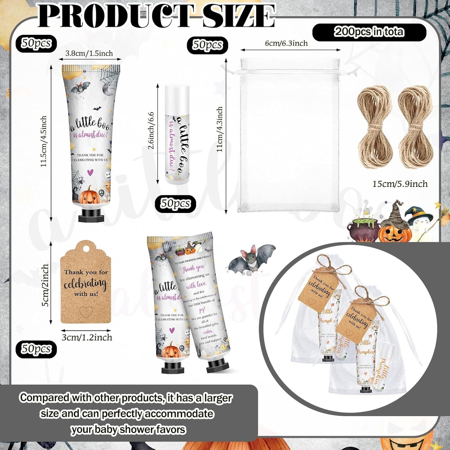 50 Sets 200 Pcs Baby Shower Hand Lotion and Lip Balm Gift Theme Baby Shower Party Favors Travel Size Hand Lotion and Lip Balm Bulk with Organza Bags Tags(Halloween Little Boo)