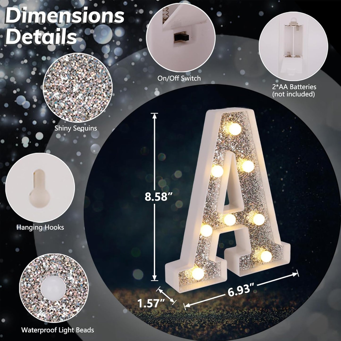 Marquee Light Up Letters, Glitter Silver LED Letter Lights Battery Powered Alphabet Letter Sign for Night Light Wedding Birthday Party Cafe Bar Decoration Girls Room Decor - A