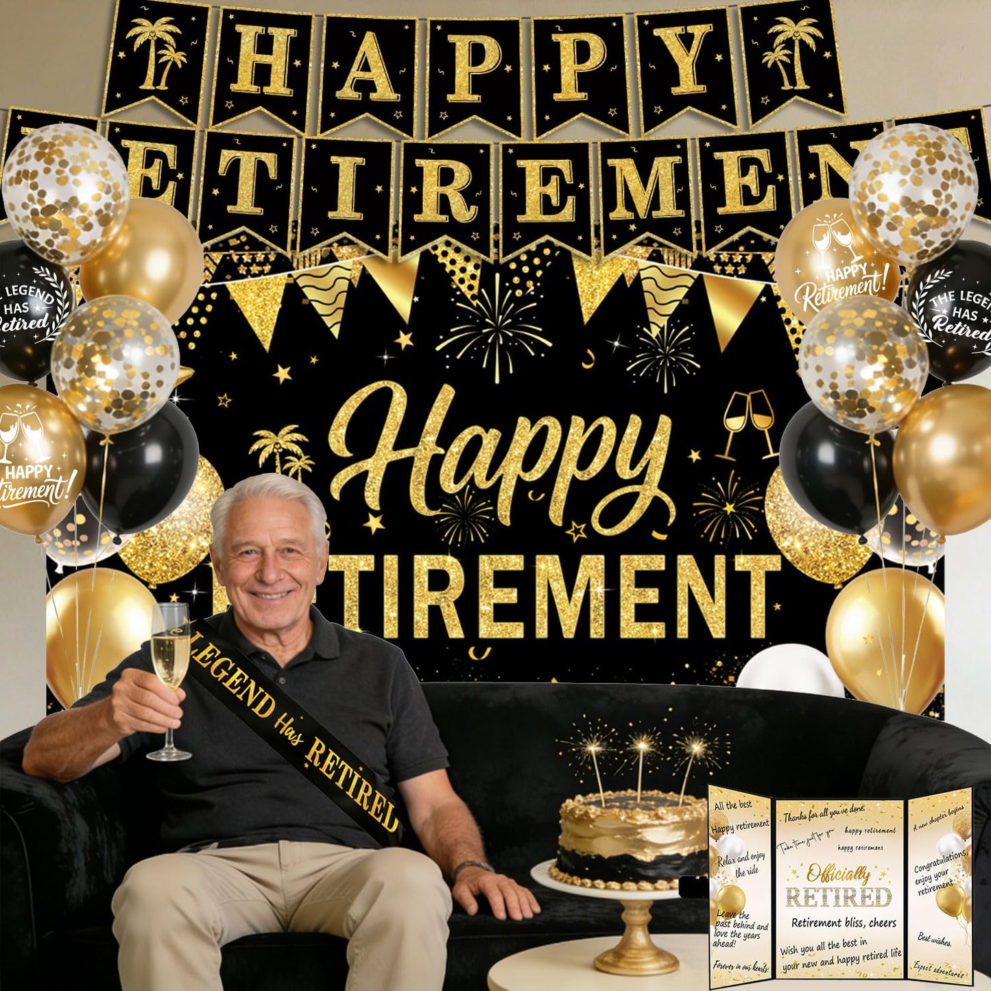 Retirement Party Decorations for Women Men Black and Gold Happy Retirement Banner & Backdrop