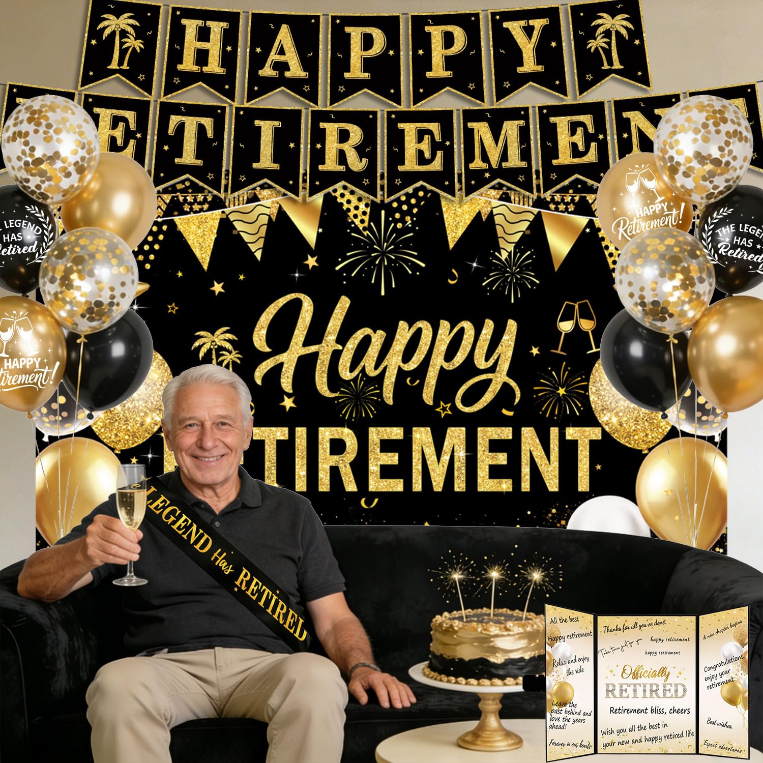Retirement Party Decorations for Women Men Black and Gold Happy Retirement Banner & Backdrop