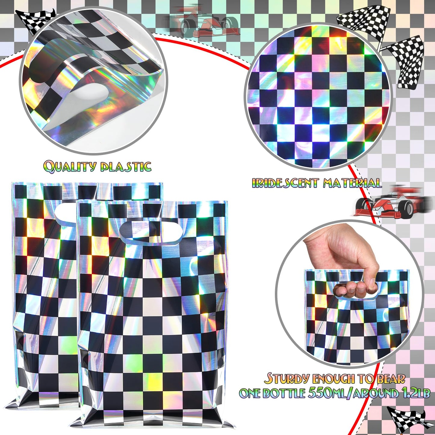 FunnyPars 50 Pcs Iridescent Checkered Race Car Party Favor Bags