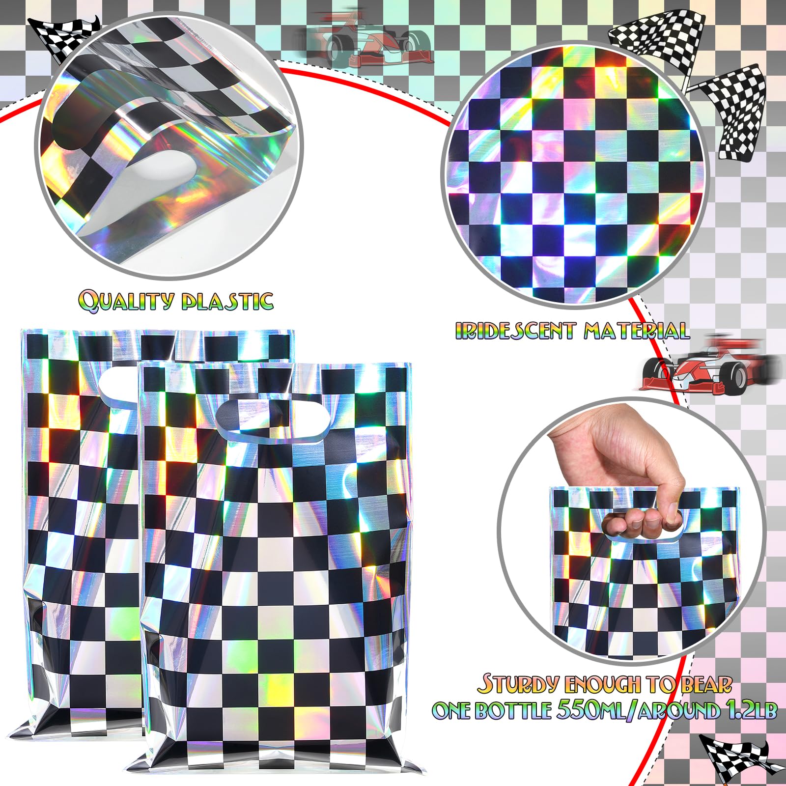 FunnyPars 50 Pcs Iridescent Checkered Race Car Party Favor Bags