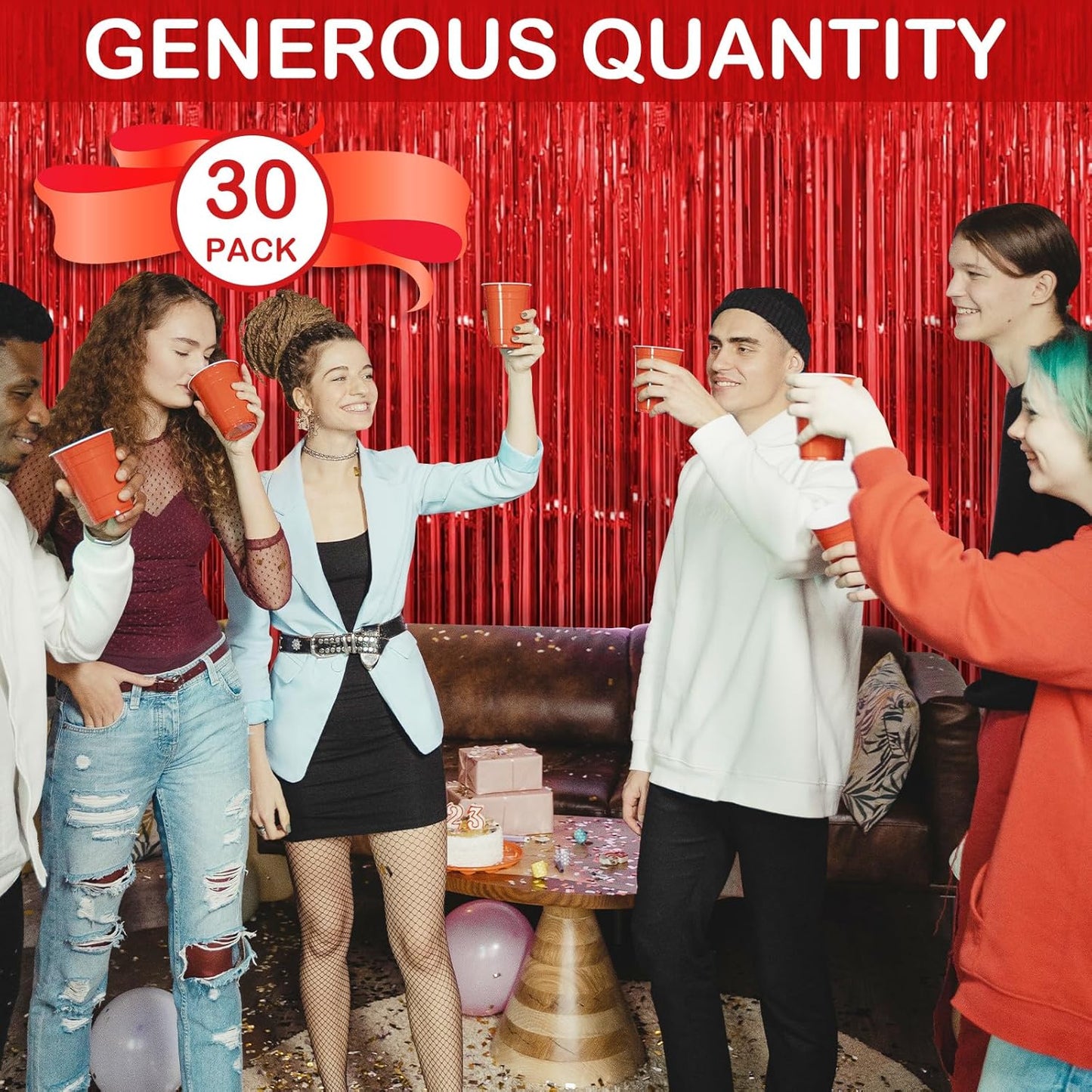 30 Pack Red Foil Fringe Curtain Backdrop, 3.3x8.2 Feet Metallic Tinsel Streamer Curtains Photo Booth Props for Wedding/Anniversary/Bridal Shower/Christmas/New Year/Valentine's Day Party Decorations