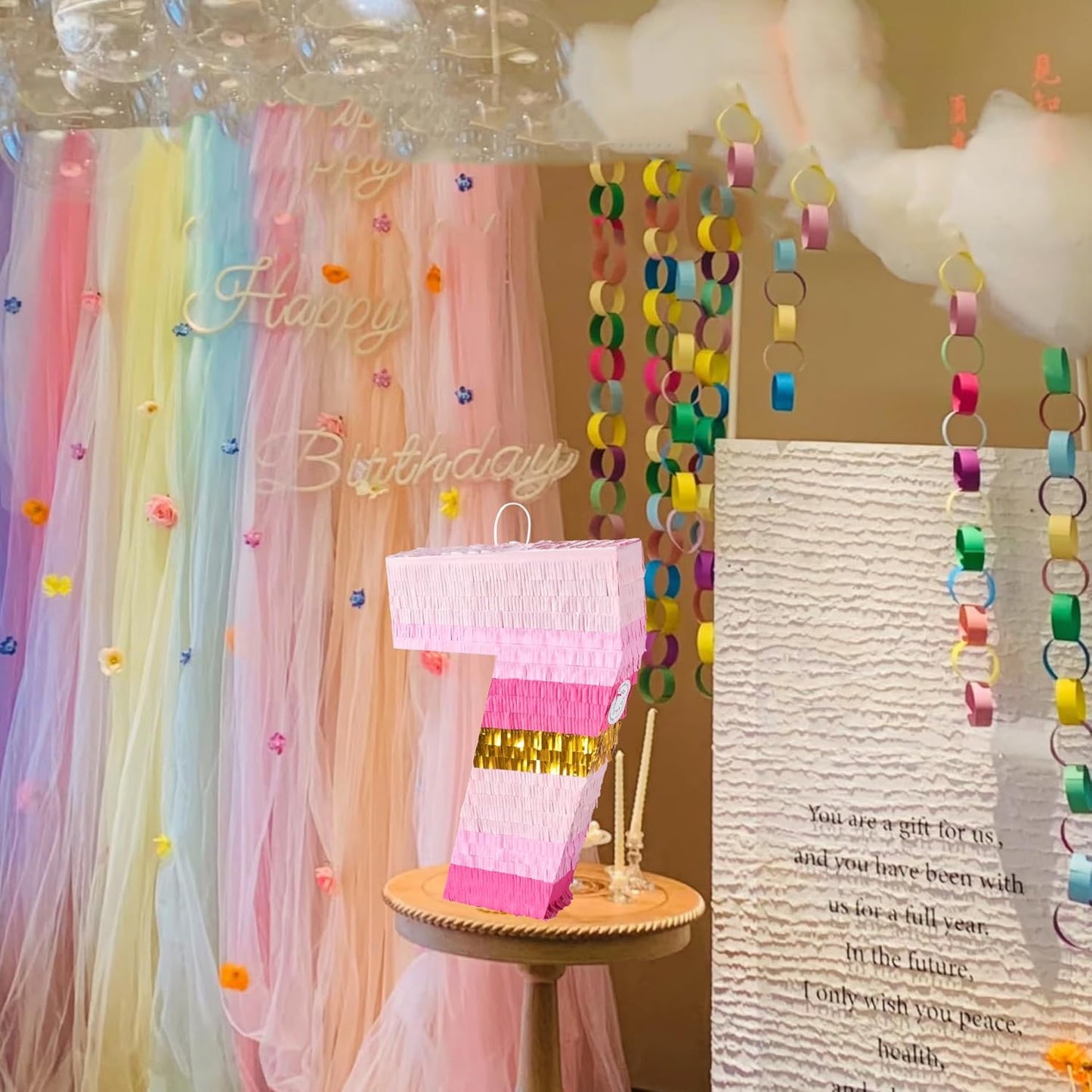 PCFING 20 Inch Number 7 Piñata Pink Gold with 30 Inch Piñata Stick Blindfold Confetti for Boys Girls Adults Birthday Party Decorations, Anniversary Celebration, Fiesta