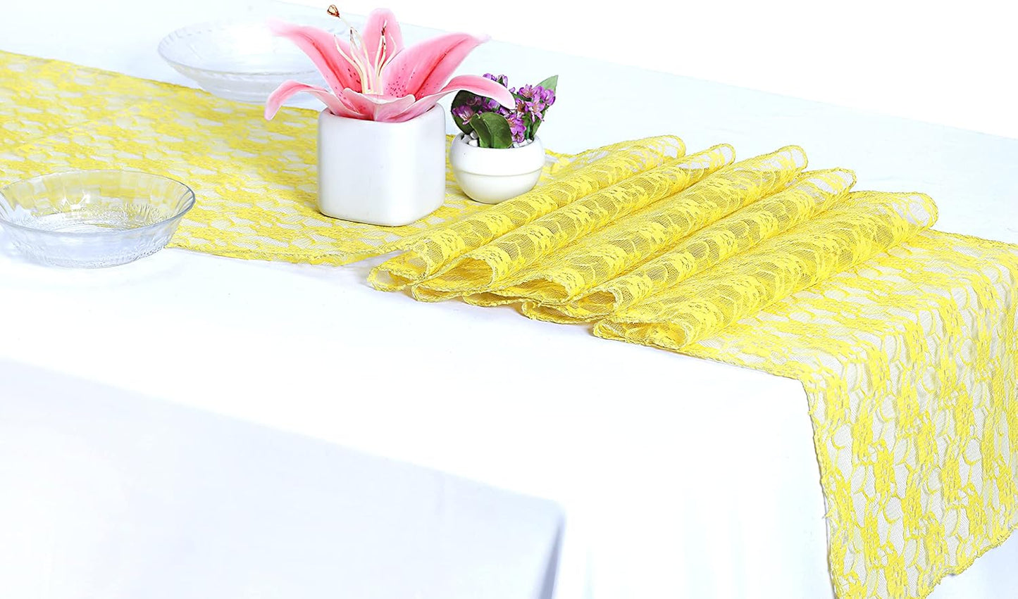 MDS Pack of 25Wedding 12 x 108 inches Lace Table Runner for Wedding, Decorations for Birthday Parties, Banquets, Graduations, Engagements, and Runners fit Rectangle, Round Table- Yellow