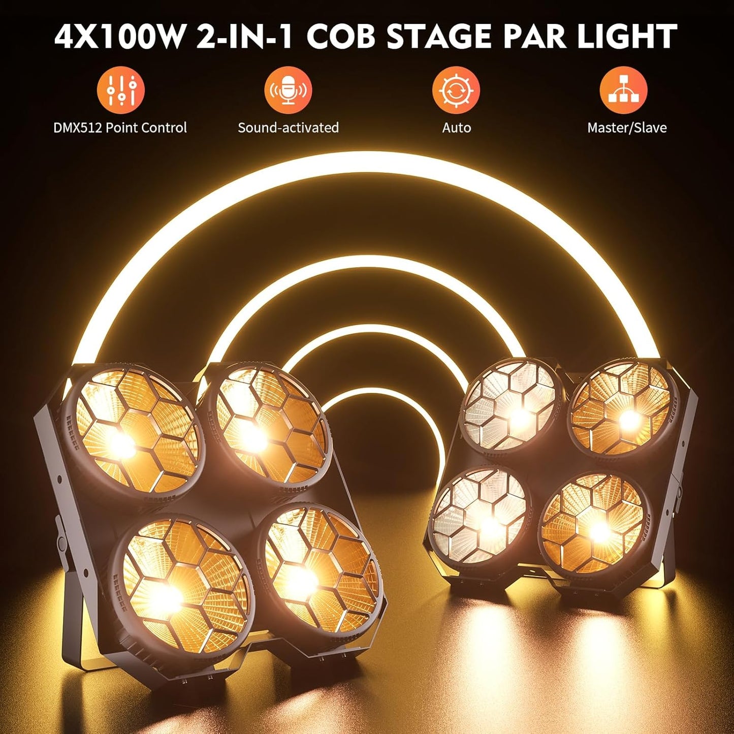 Stage Lights, 4X100W COB Spotlight LED Par Can Retro Lights, 2 in 1 Cool White & Warm White DMX512 Sound Activated Blinder Uplights for Events Parties Wedding Church Concert Studio Show Dance - 4Packs