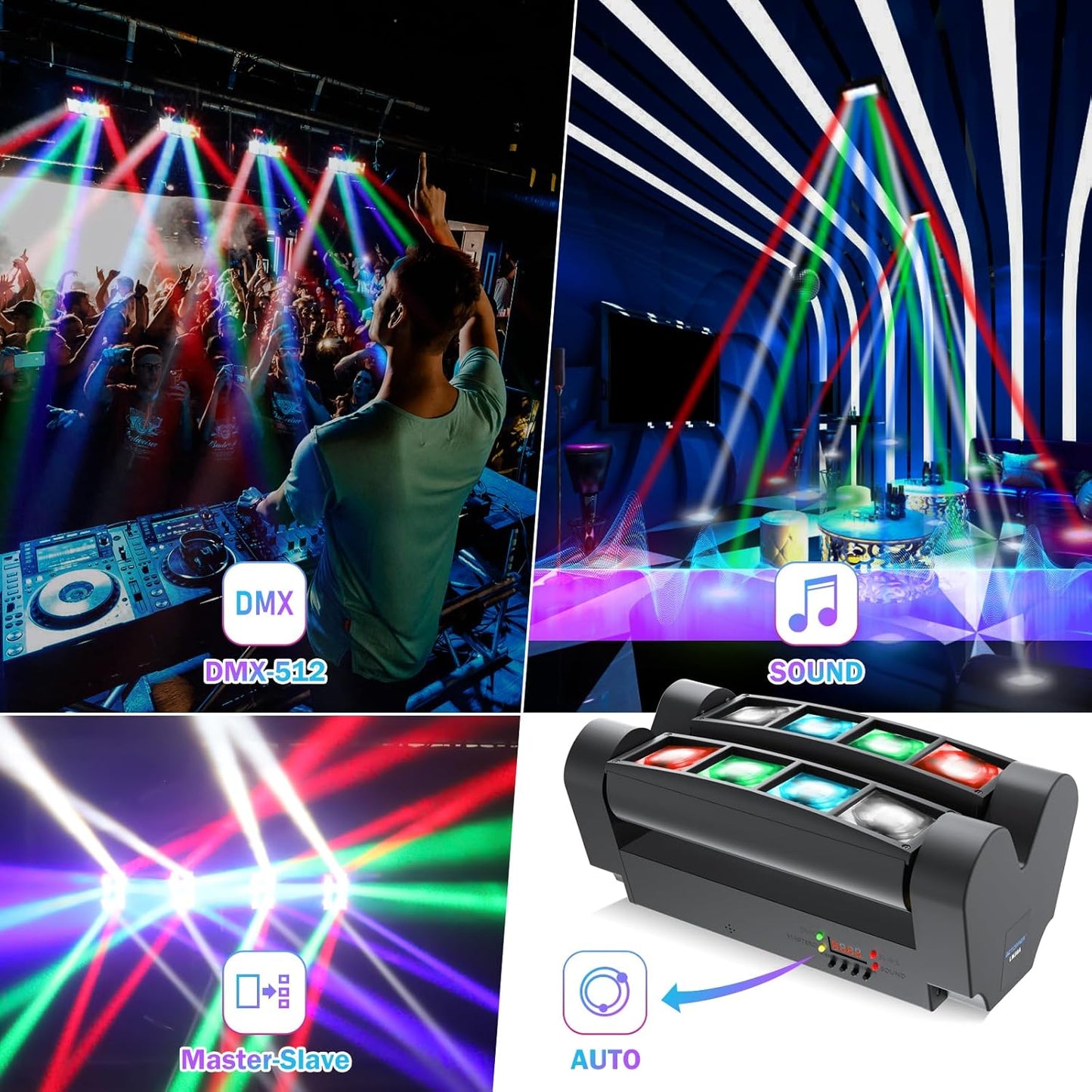 BETOPPER Moving Head DJ Lights,Stage Lights for Parties, RGBW 8x3W LED Spider Lights, Sound Activated & DMX-512 for Party, Pub, Wedding Event, Club, Carnival Festival, Disco Stage Lighting(2 Packs)