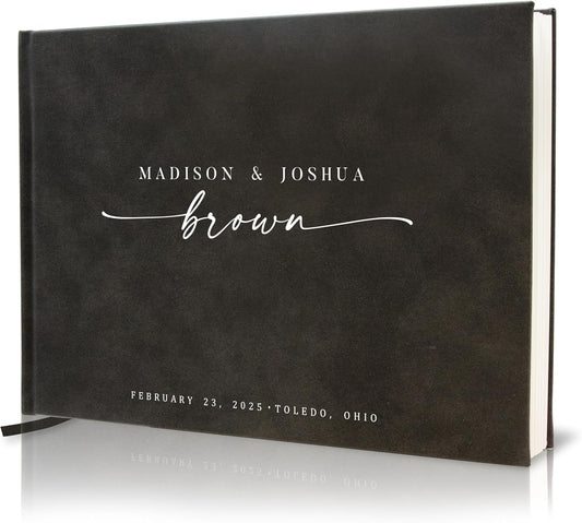 Personalized Guest Book - 11.5" x 8.5" Custom Bride & Groom Names with Bookmark and Hard Cover 140 GSM Blank Pages, for Weddings Guest Book, Engagements, Birthdays, Special Events, Charcoal