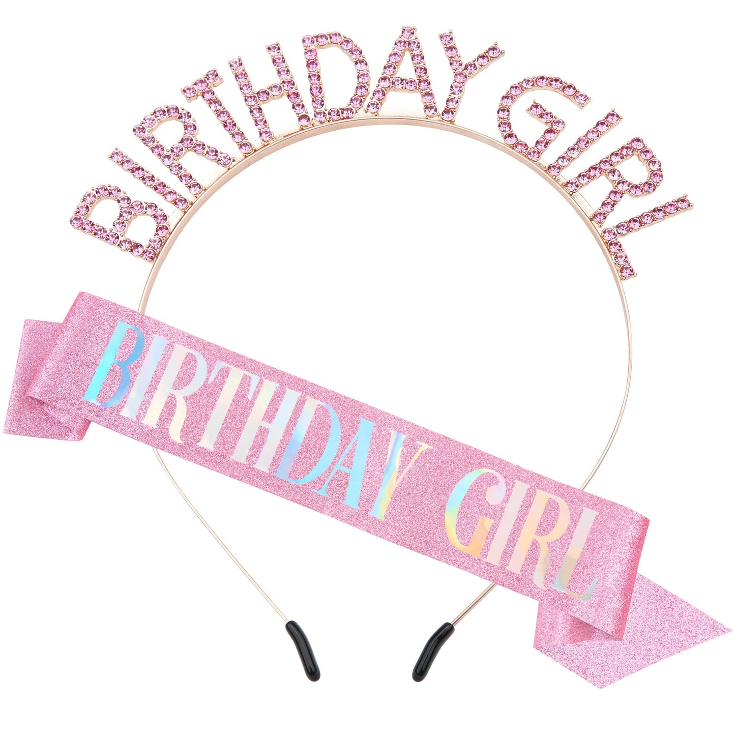 PQRUU Glitter Birthday Sash, Tiara and Rhinestone Headband Set - Pink Birthday Accessories for Her