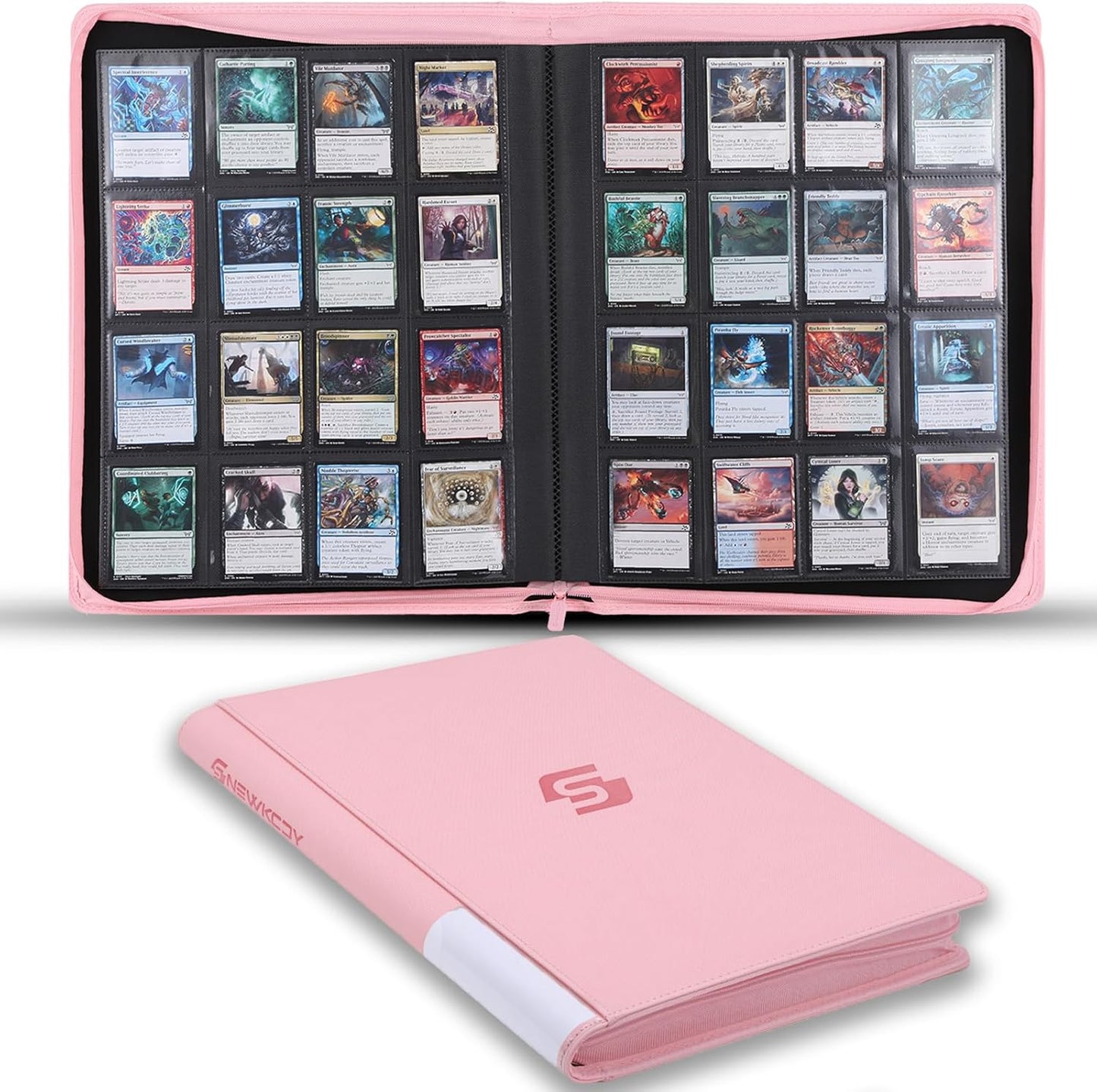 Snekdy premium 1024-pocket trading card binder, 16-pocket cards album, waterproof PU-leather Cover album with side loading, holds gaming, baseball, basketball & sports cards (Pink)