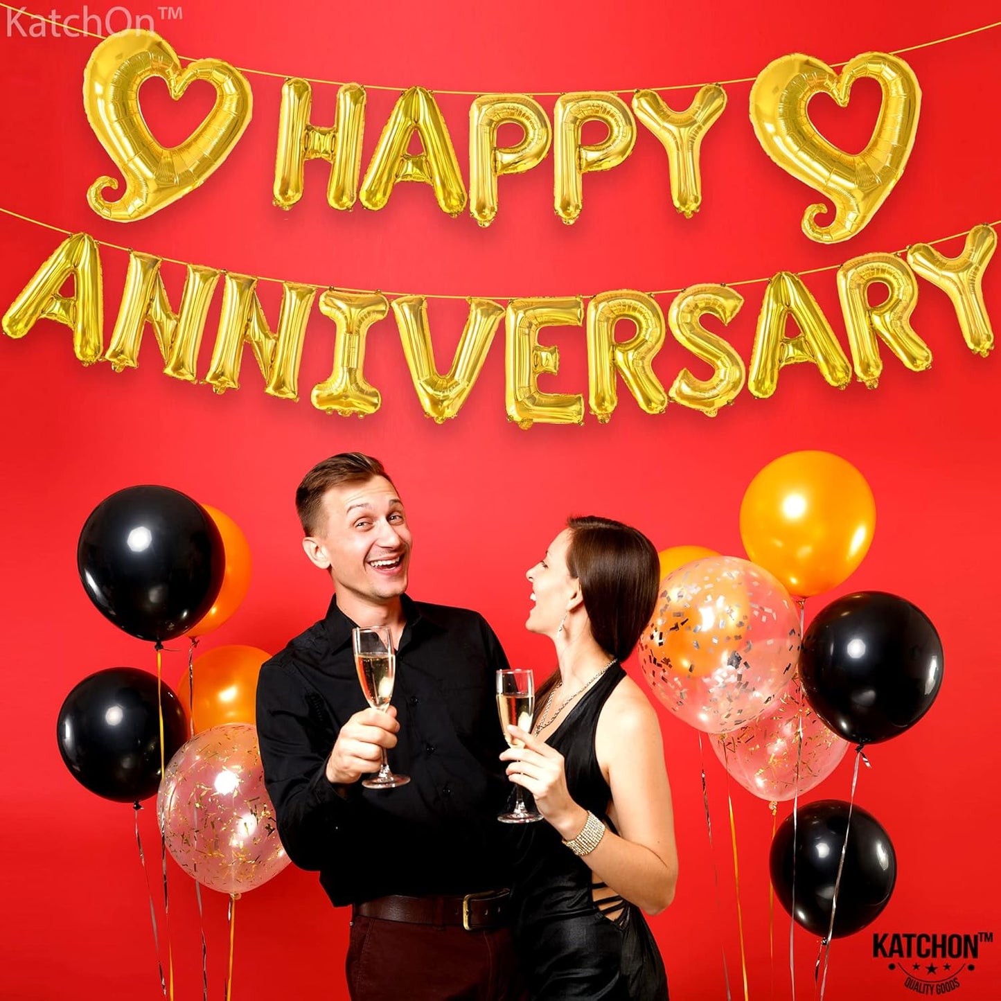 KatchOn, Gold Happy Anniversary Balloons Letters - 18 Inch, Heart Balloons Foil | Gold Happy Anniversary Banner for happy anniversary Decorations
